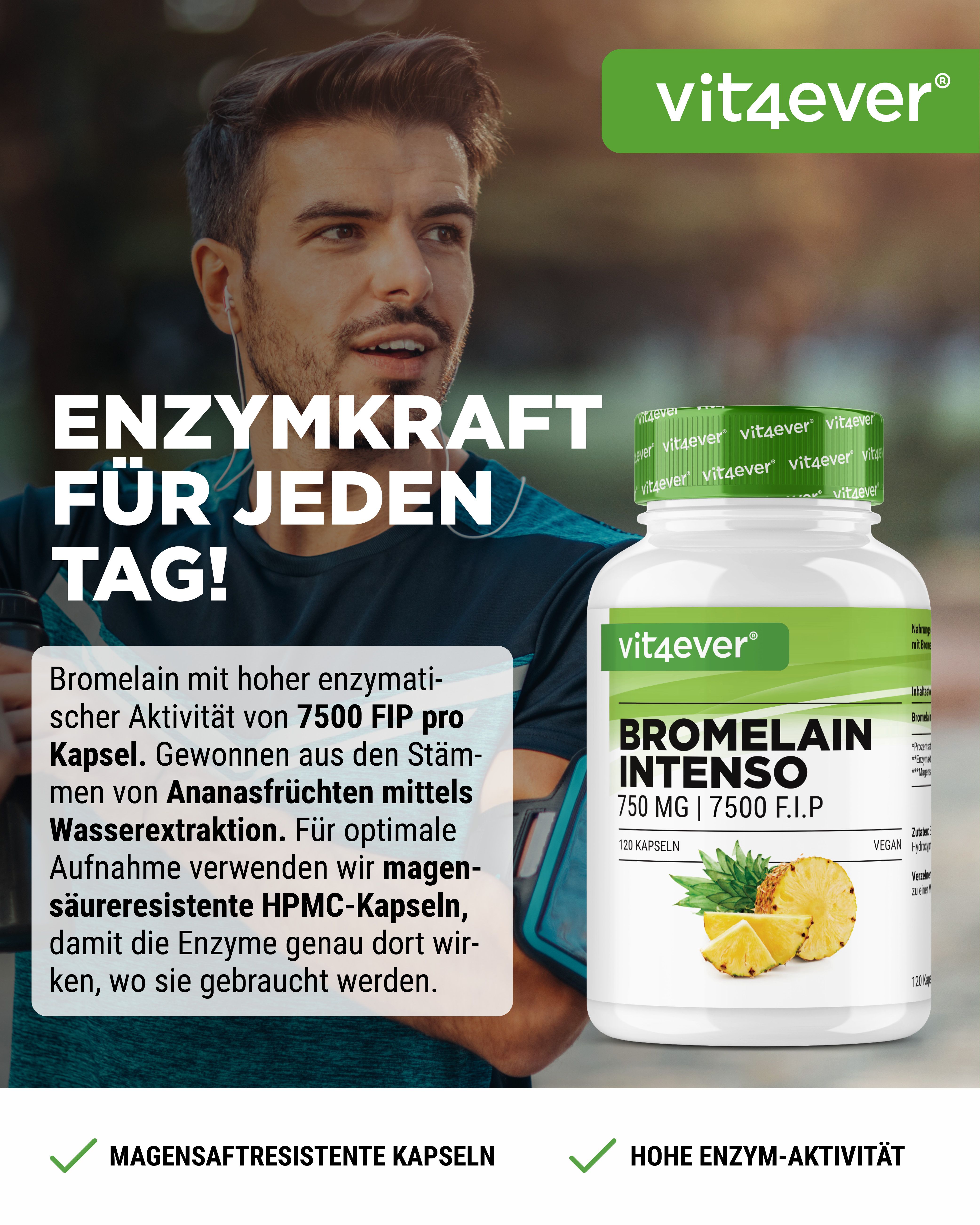 Weißes Flaschendesign mit grünem Etikett. Aufschrift: Bromelain Intenso 750 mg | 7500 F.I.P. 120 Kapseln. Vegan. Ananas-Illustration.