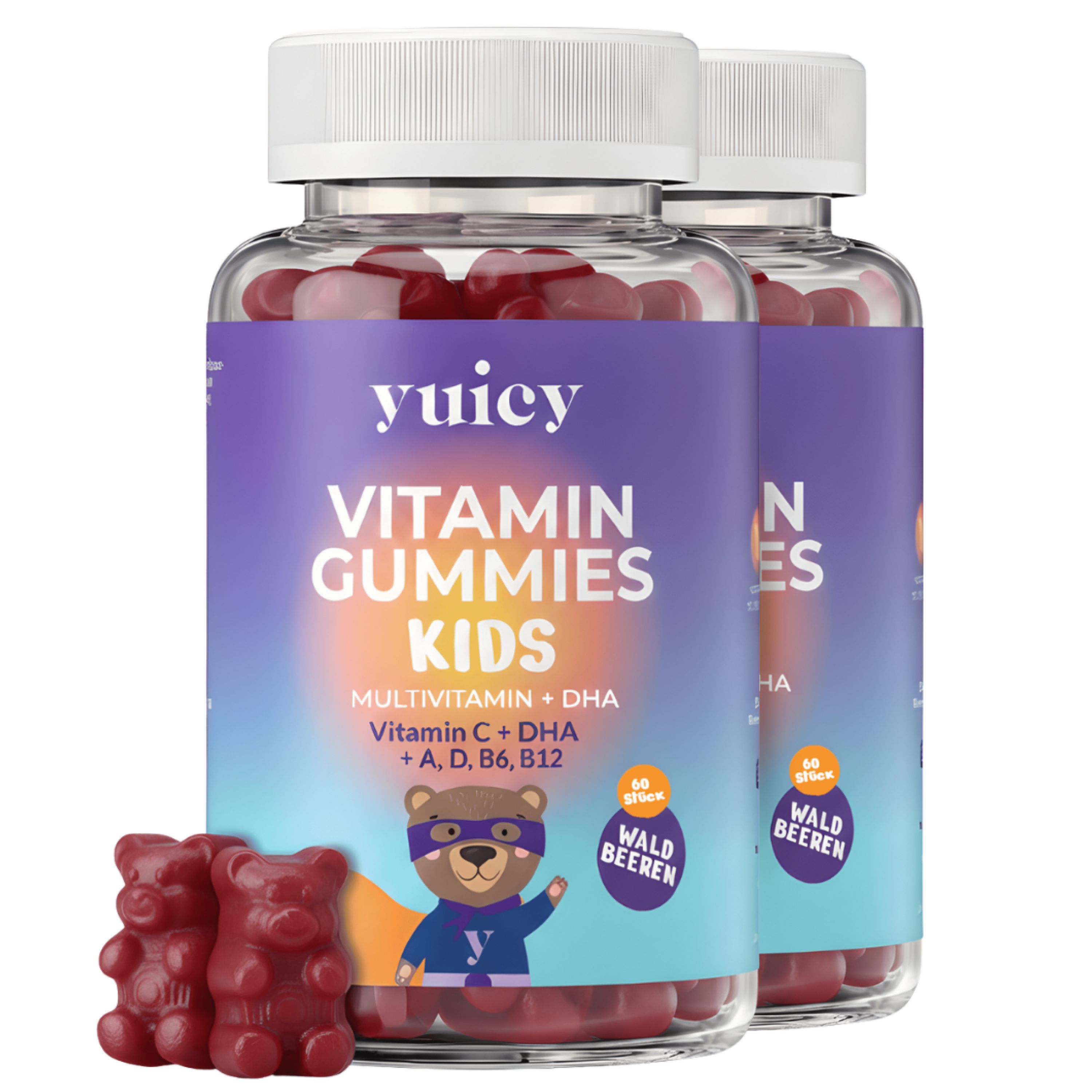 Zwei Flaschen mit Vitamin-Gummis für Kinder. Rote Gummibärchen liegen davor. Aufschrift: yuicy Vitamin Gummies Kids.