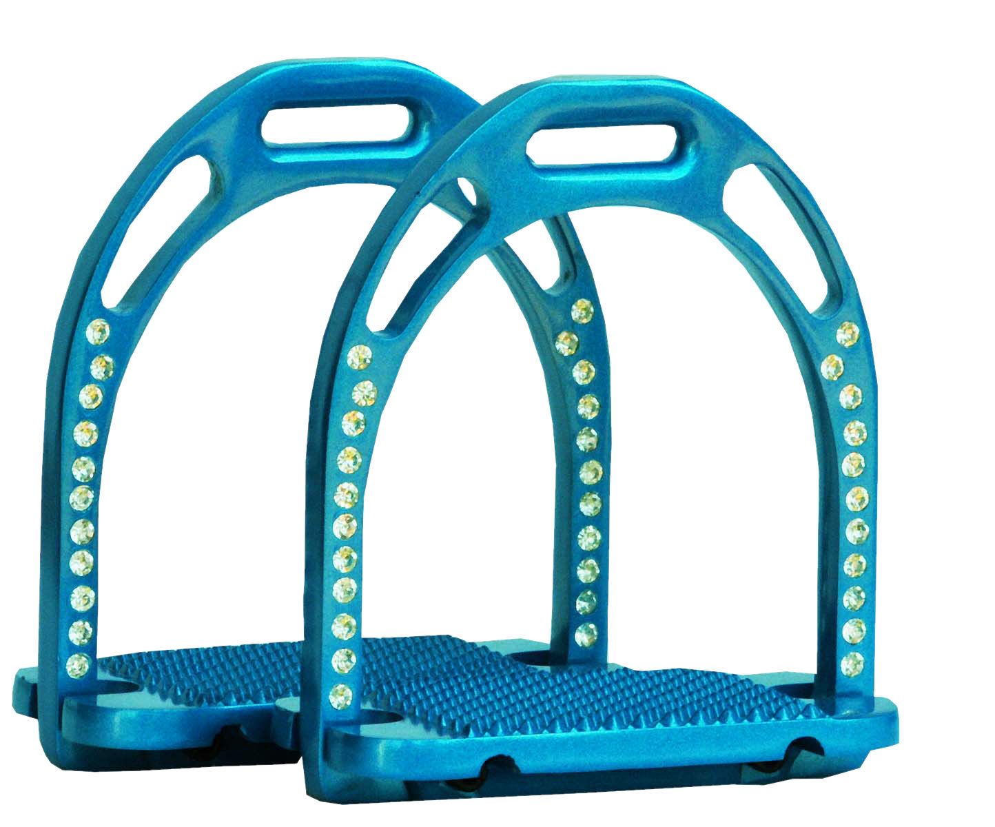 Zwei blaue Steigbügel aus Aluminium. Mit Strasssteinchen besetzt. Geriffelte Trittfläche.