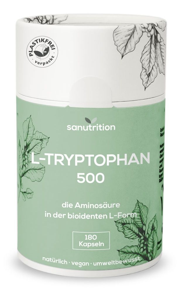 Zylindrische Dose Sanutrition® L-Tryptophan 500. Grün-weiß, mit Blättermuster. Enthält 180 Kapseln. Aufschrift: natürlich, vegan, umweltbewusst.
