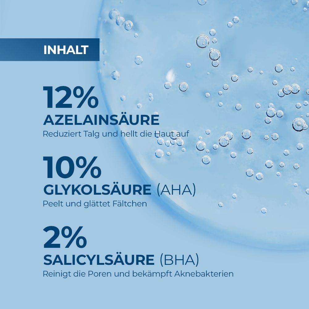 Nahaufnahme von Flüssigkeit mit Text: 12% Azelainsäure, 10% Glykolsäure (AHA), 2% Salicylsäure (BHA).