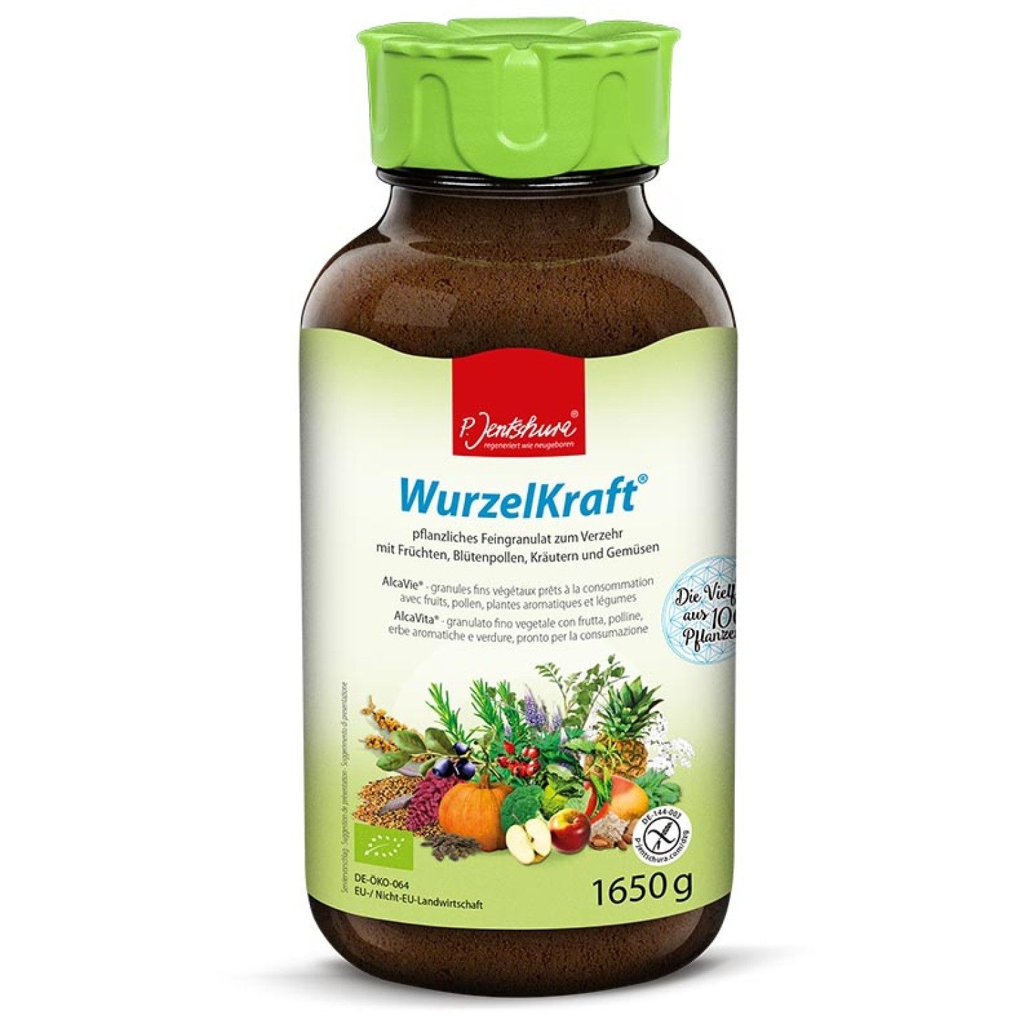 Braune Glasflasche mit grünem Deckel. Aufschrift WurzelKraft. Enthält über 100 Pflanzen. 1650g. Bio-Siegel.