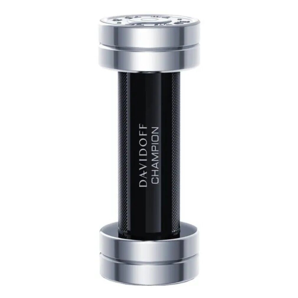 Davidoff Champion Eau de Toilette Spray. Flakon in Hantelform, schwarzer Zylinder, silberne Enden. Auf weißem Hintergrund.