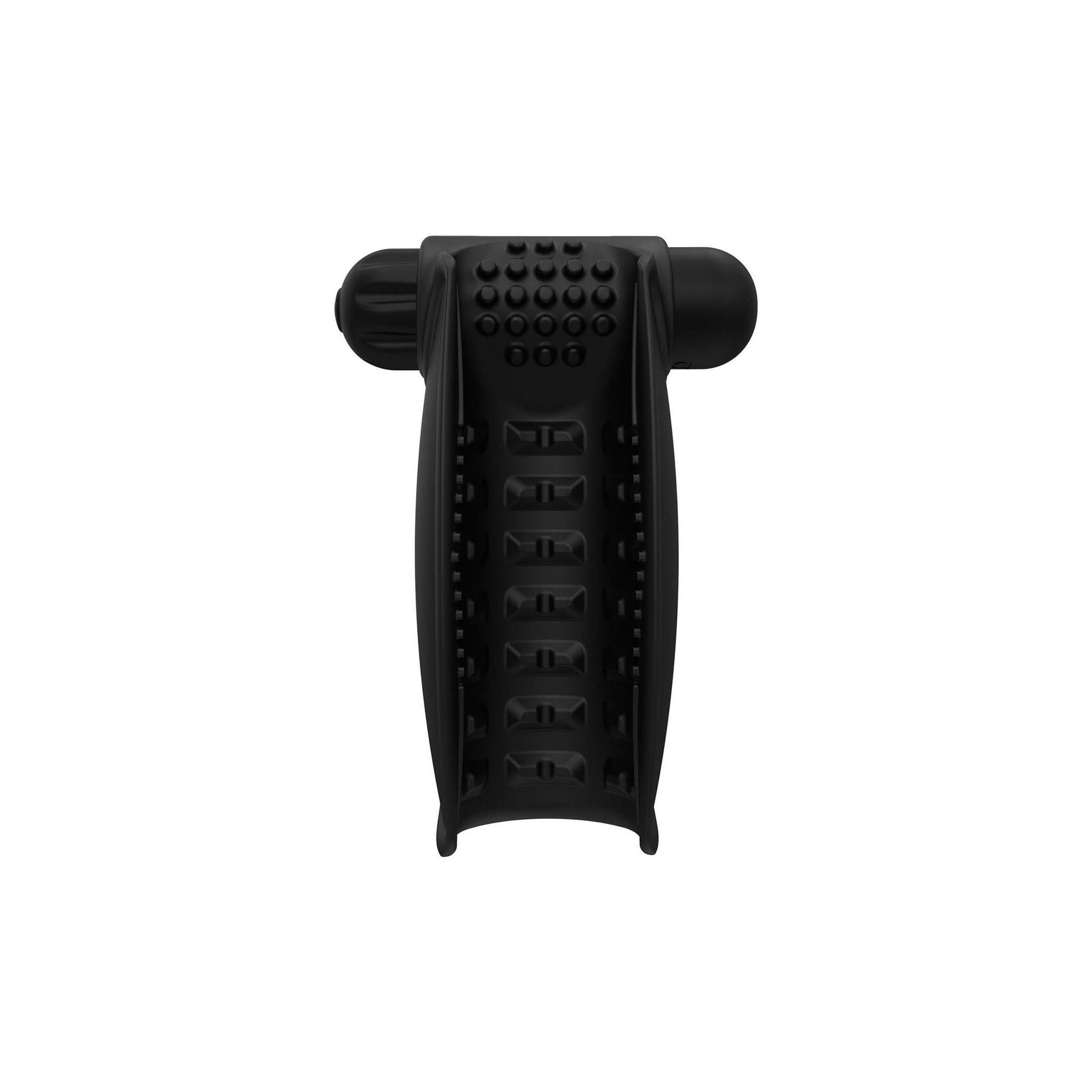 Schwarzes Hand Vibe-Produkt. Geformt mit einer Griffseite und einer strukturierten Oberfläche. Oberseite mit Noppen.