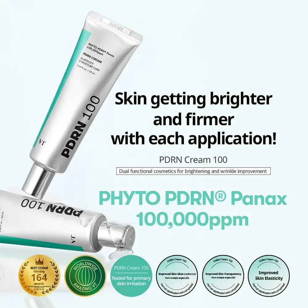 VT Cosmetics PDRN Cream 100 Tube mit silbernem Verschluss und türkisfarbenem Akzent.