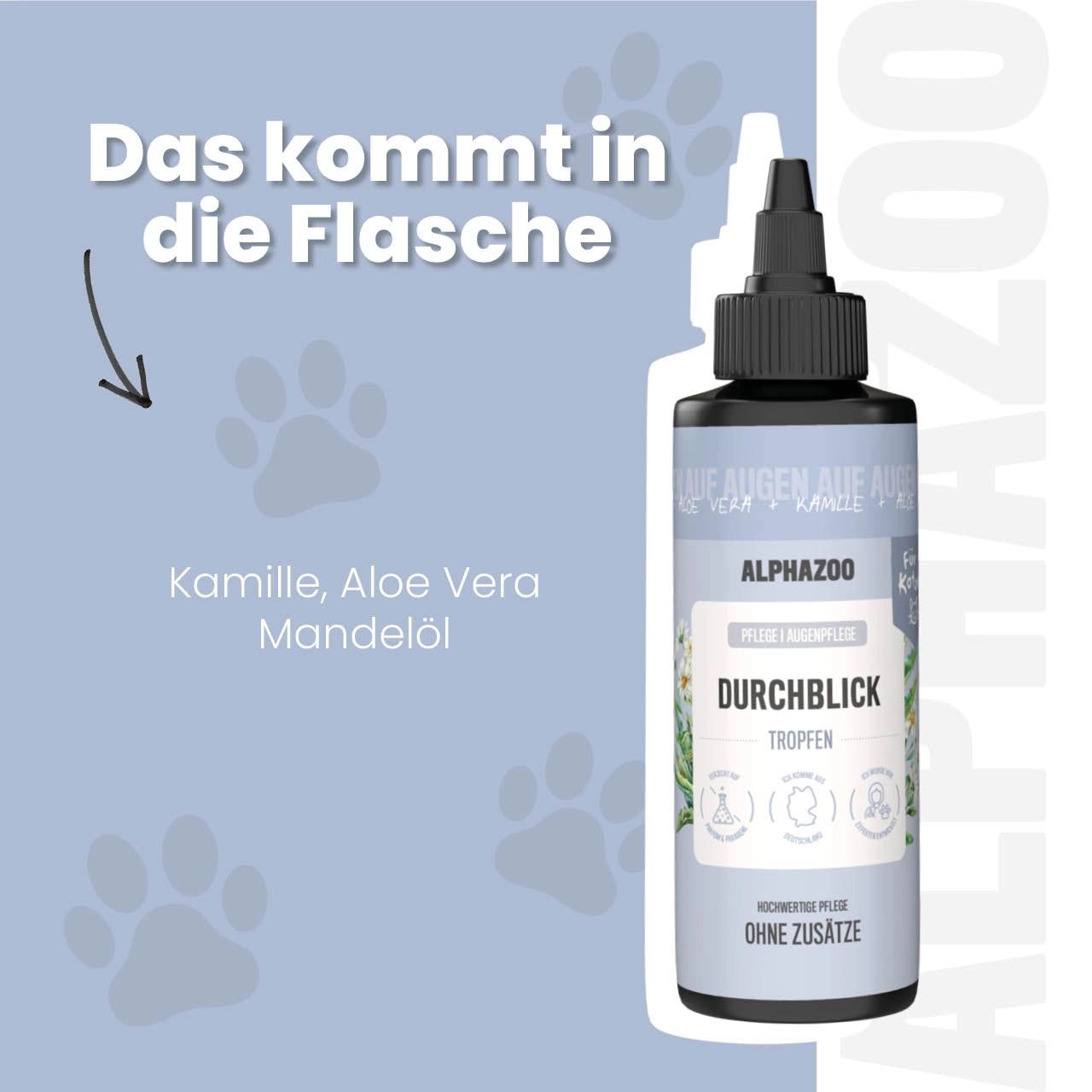Produktflasche mit schwarzem Verschluss, daneben Kamille, Aloe Vera und Mandelöl. Text: Das kommt in die Flasche.