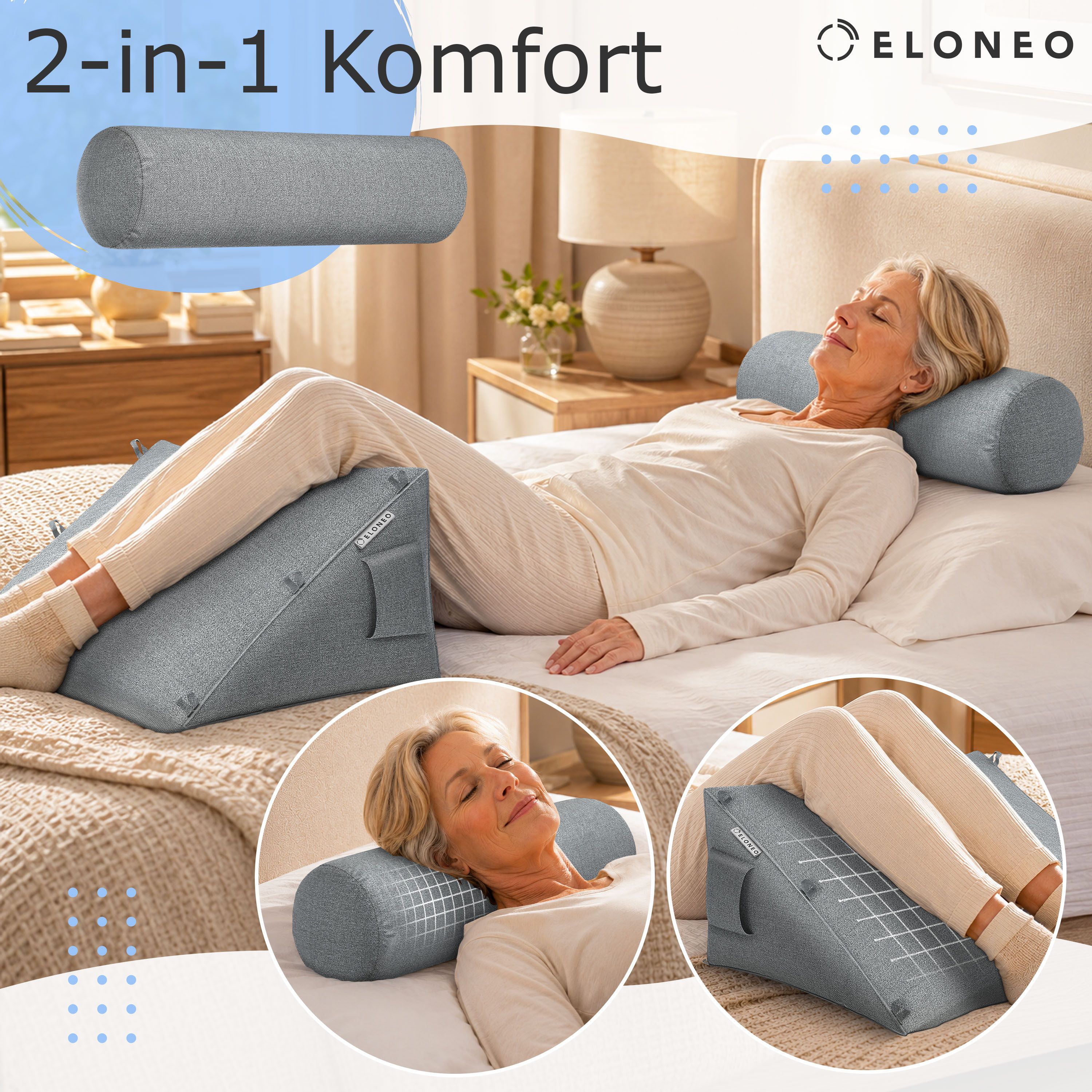 ELONEO Rückenkissen mit Nackenrolle für Bett & Sofa, 55x50x30cm, waschbarer Bezug 1 St
