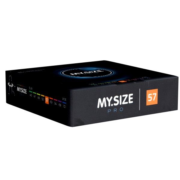 Schwarze Schachtel mit MY.SIZE PRO und der Größe 57. Größenangaben von 45 bis 72 mm.