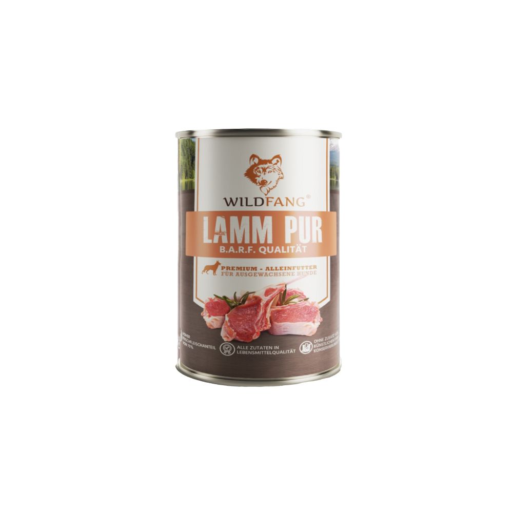 Zylindrische Dose mit Etikett. Aufschrift: WILDANG, LAMM PUR, B.A.R.F. QUALITÄT. Abbildung von Lammfleisch. Hintergrund: weiß.