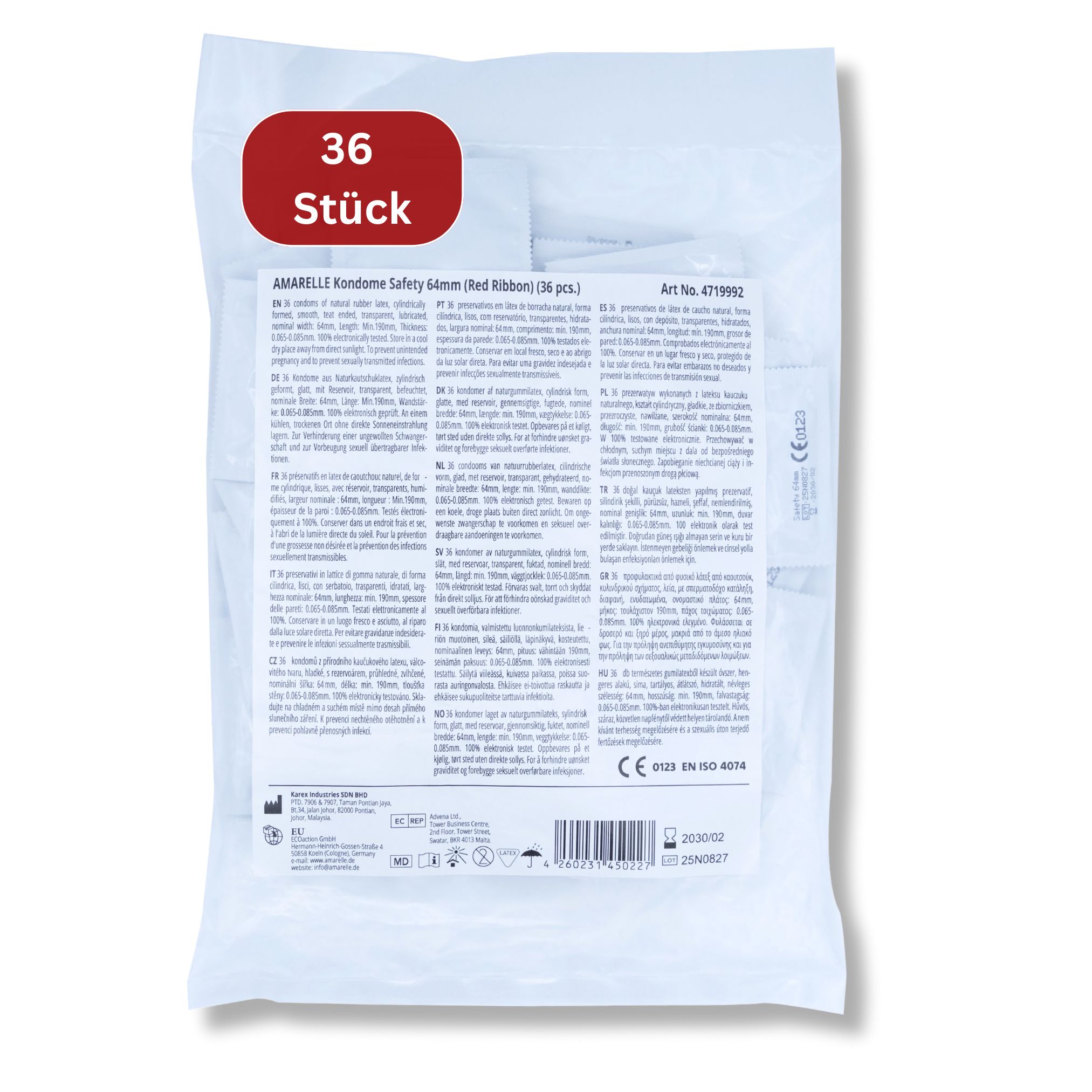Verpackung mit Kondomen. Aufschrift: Amarelle Safety 64mm, 36 Stück. Rote Schleife. Transparente Verpackung.
