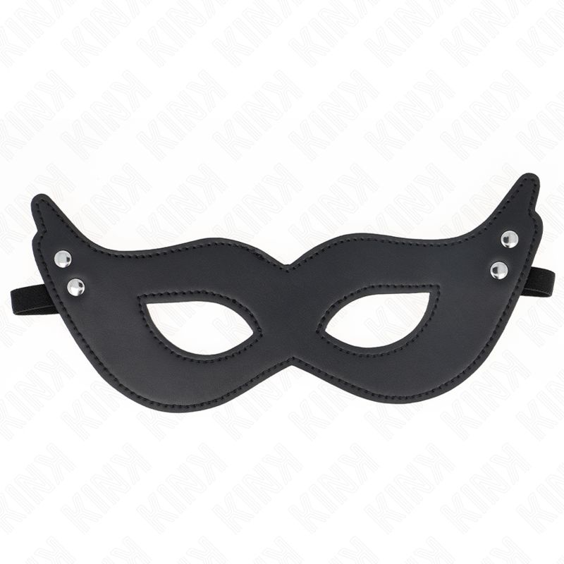 Schwarze Kunstledermaske mit Nieten und elastischem Band. Maske mit Augenöffnungen und Ziernähten.