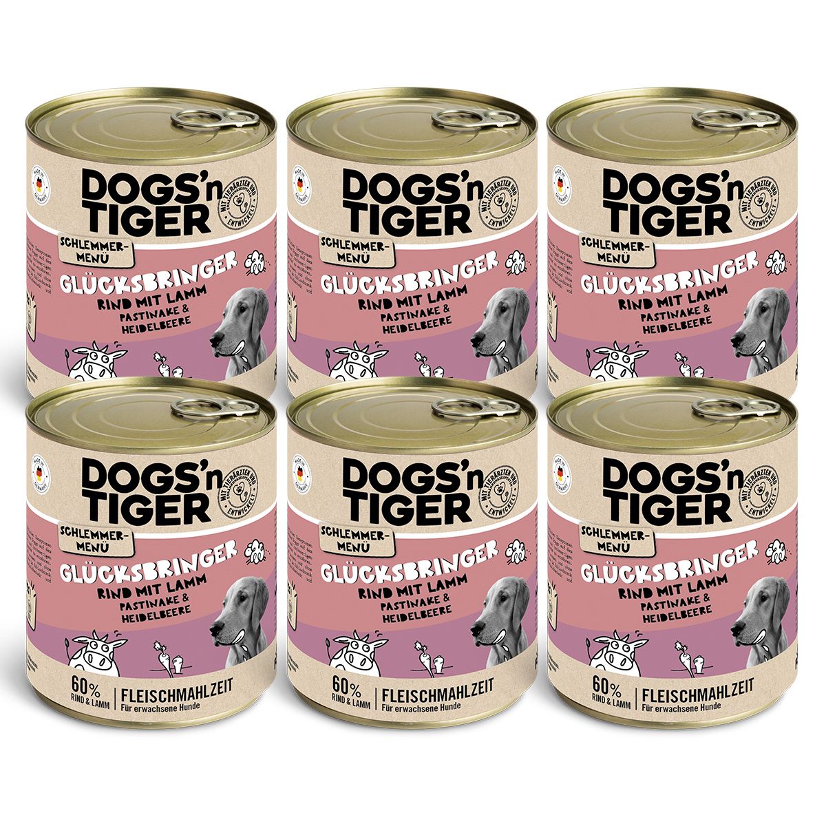 Sechs Dosen Hundefutter, "Dogs'n Tiger", "Glücksbringer", Rind & Lamm. Aufschrift: "Schlemmermenu", "Pastinake & Heidelbeere".