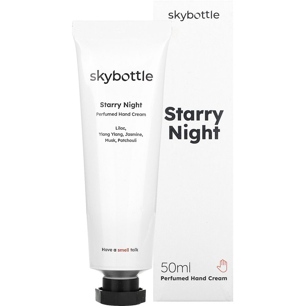 Weiße Tube und Schachtel. Aufschrift: "skybottle Starry Night Perfumed Hand Cream". 50ml. Schwarzer Verschluss. Hand-Symbol.