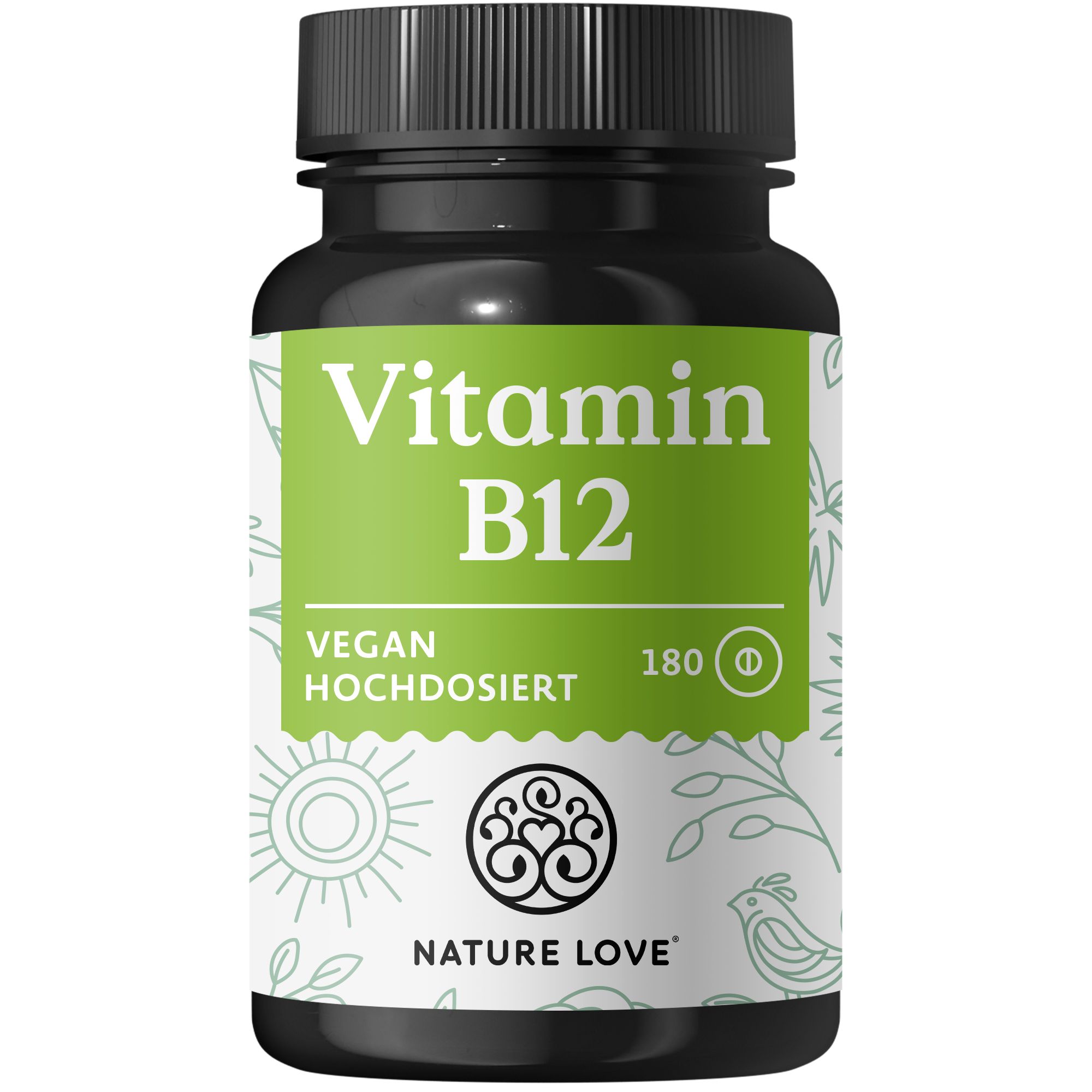 Braune Flasche mit Vitamin B12-Tabletten. Grün-weißes Etikett mit Produktinformationen. Aufschrift: Vitamin B12, vegan, hochdosiert.