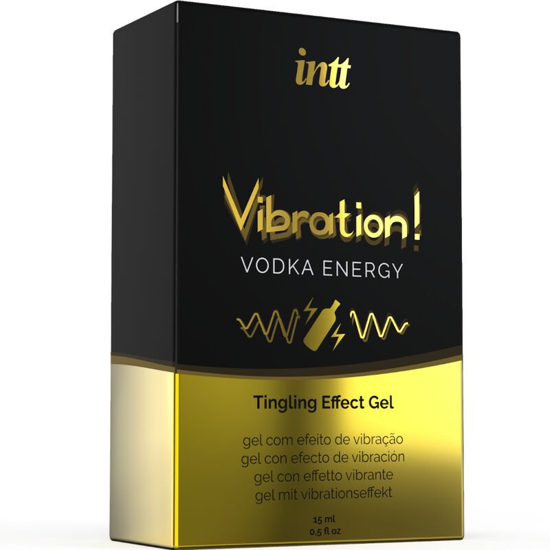 Schwarze Verpackung mit goldfarbenem Schriftzug. Aufschrift: Vibration! Vodka Energy. Gel mit Vibrationseffekt. Goldfarbener Sockel.