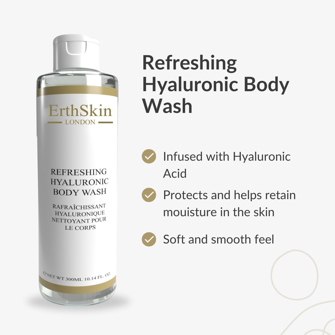 ErthSkin London Körperwaschmittel. Zylindrische Flasche mit weißem Deckel. Text: Refreshing Hyaluronic Body Wash. Infografik mit Vorteilen.