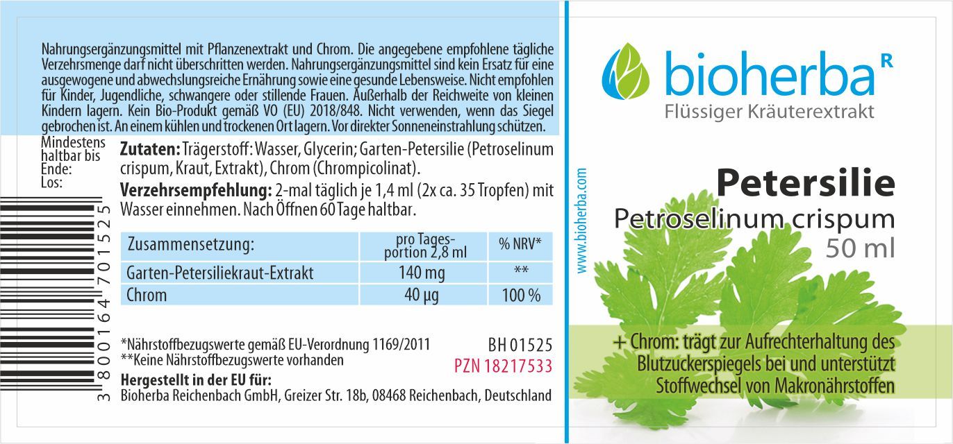 Etikett mit Produktinformationen. Text: Bioherba Petersilie, 50 ml. Inhaltsstoffe, Nährwertangaben, Herstelleradresse.