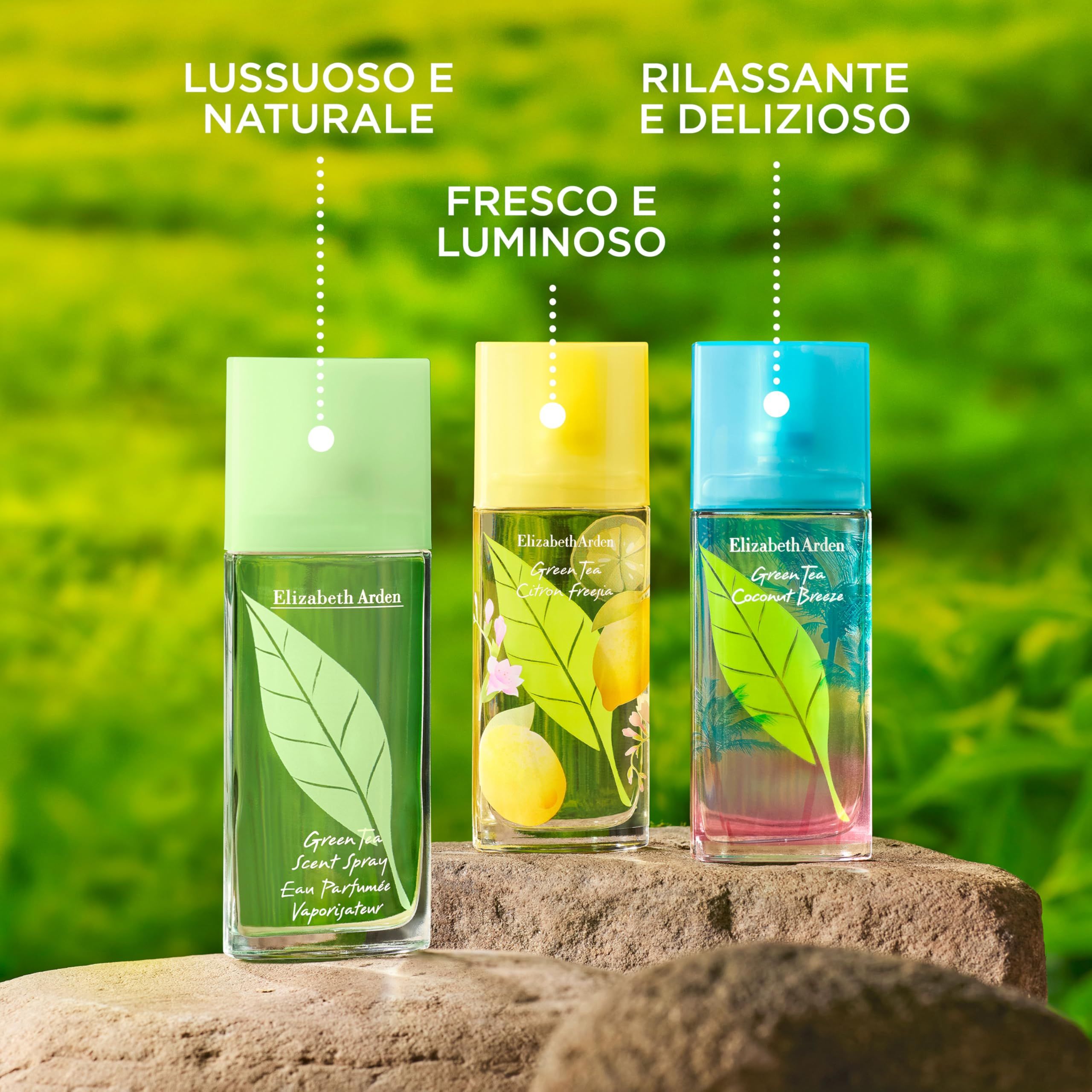 Drei Flakons auf einem Stein. Aufschrift: Elizabeth Arden. Text: LUSSUOSO E NATURALE, FRESCO E LUMINOSO, RILASSANTE E DELIZIOSO.