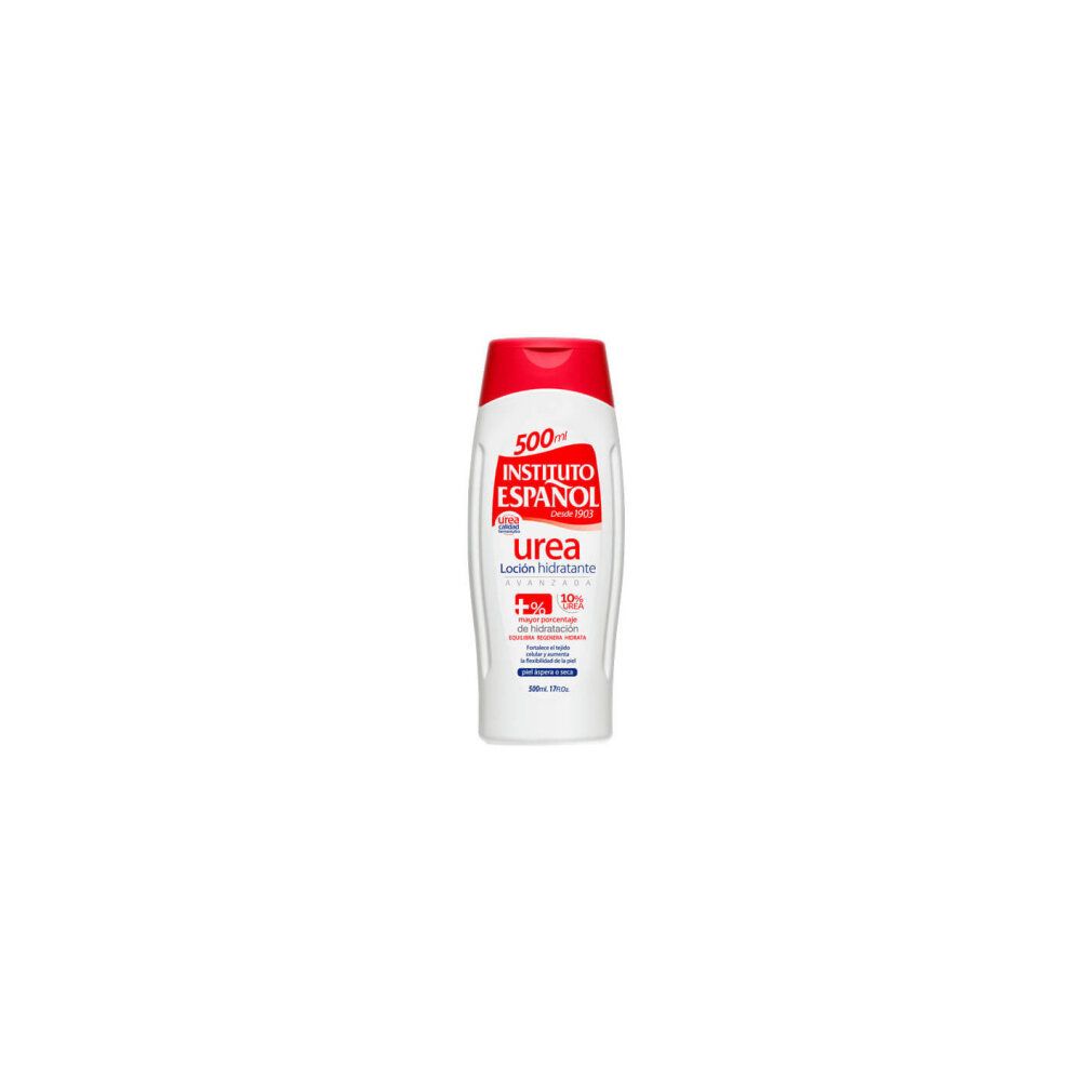 Weiße Flasche mit rotem Deckel. Aufschrift Instituto Español Urea. Loción hidratante. 10% Urea. Für trockene Haut.