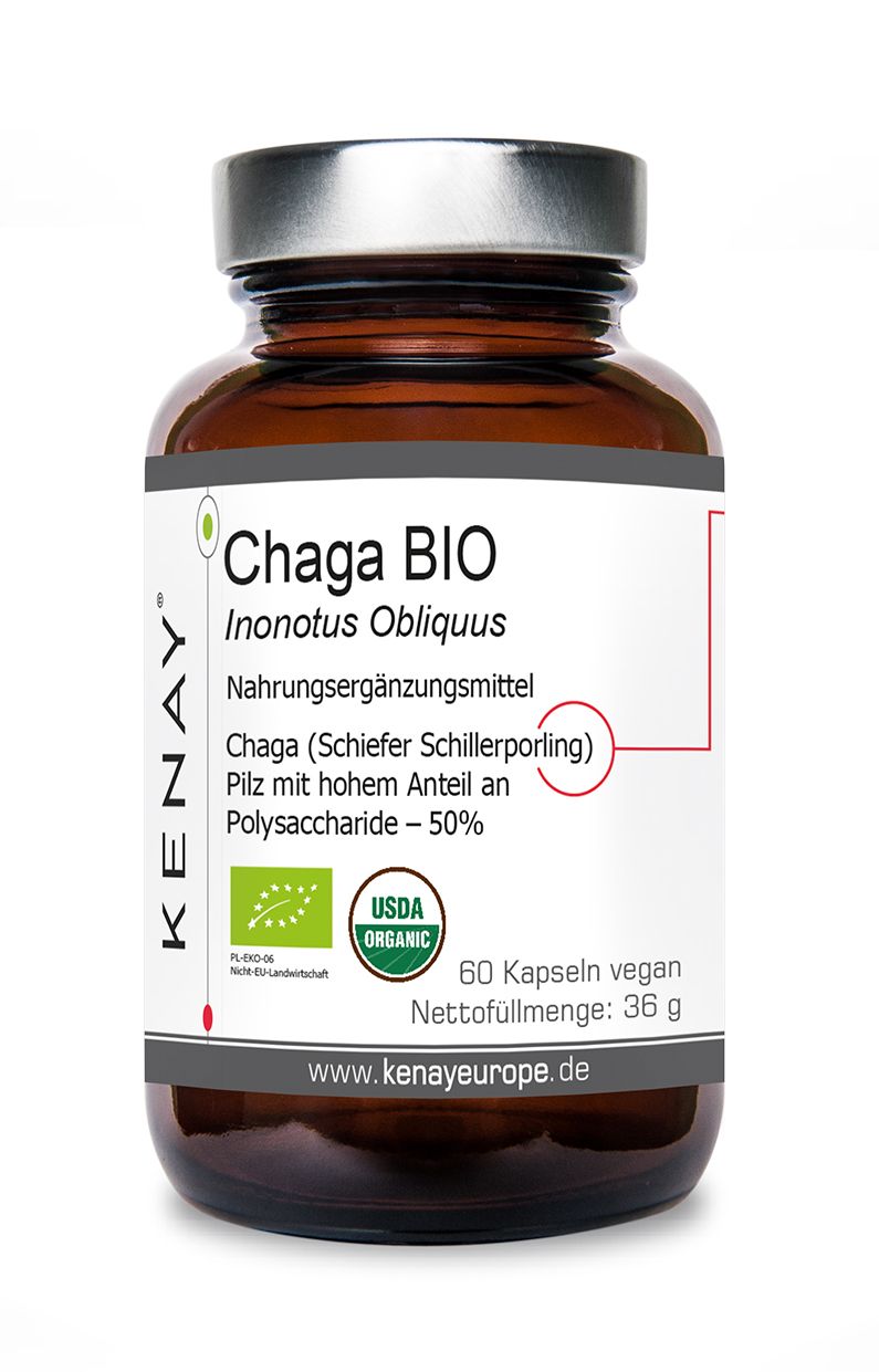 Braune Glasflasche mit silbernem Deckel. Etikett mit "Chaga BIO" und "KENAY®"-Logo. USDA Organic-Zertifizierung. 60 Kapseln vegan.