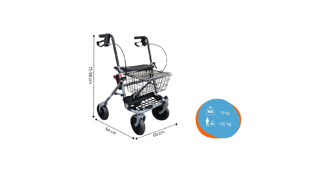 Rollator mit 4 Rädern, Korb und Bremsen. Maße: 72-98 cm hoch, 64 cm breit, 63 cm tief. Gewicht: 10 kg, max. 130 kg.