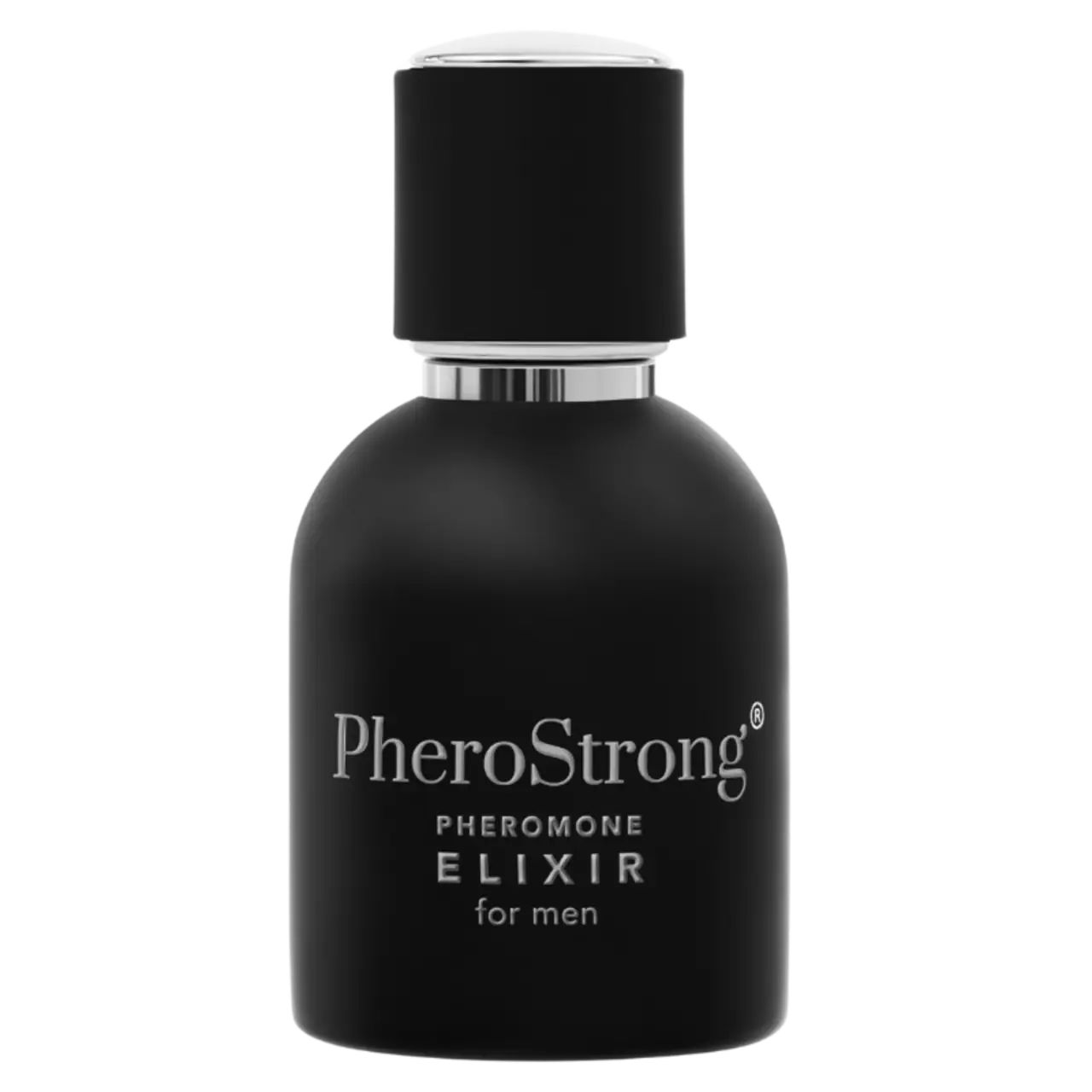Schwarze Flasche mit silbernem Verschluss. Aufschrift: PheroStrong Pheromone Elixir for men.