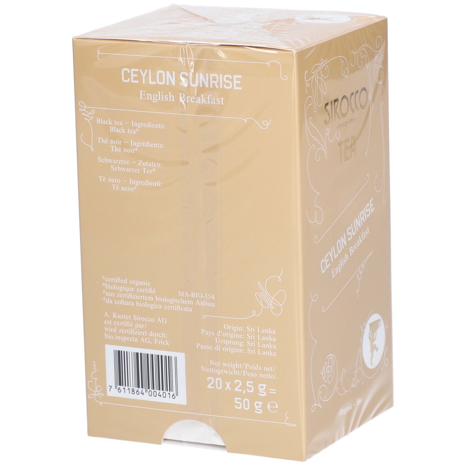 Rückseite der Tee-Verpackung. Produktname und Inhaltsstoffe. Barcode und Informationen zur Herkunft. 20 Beutel à 2,5g.
