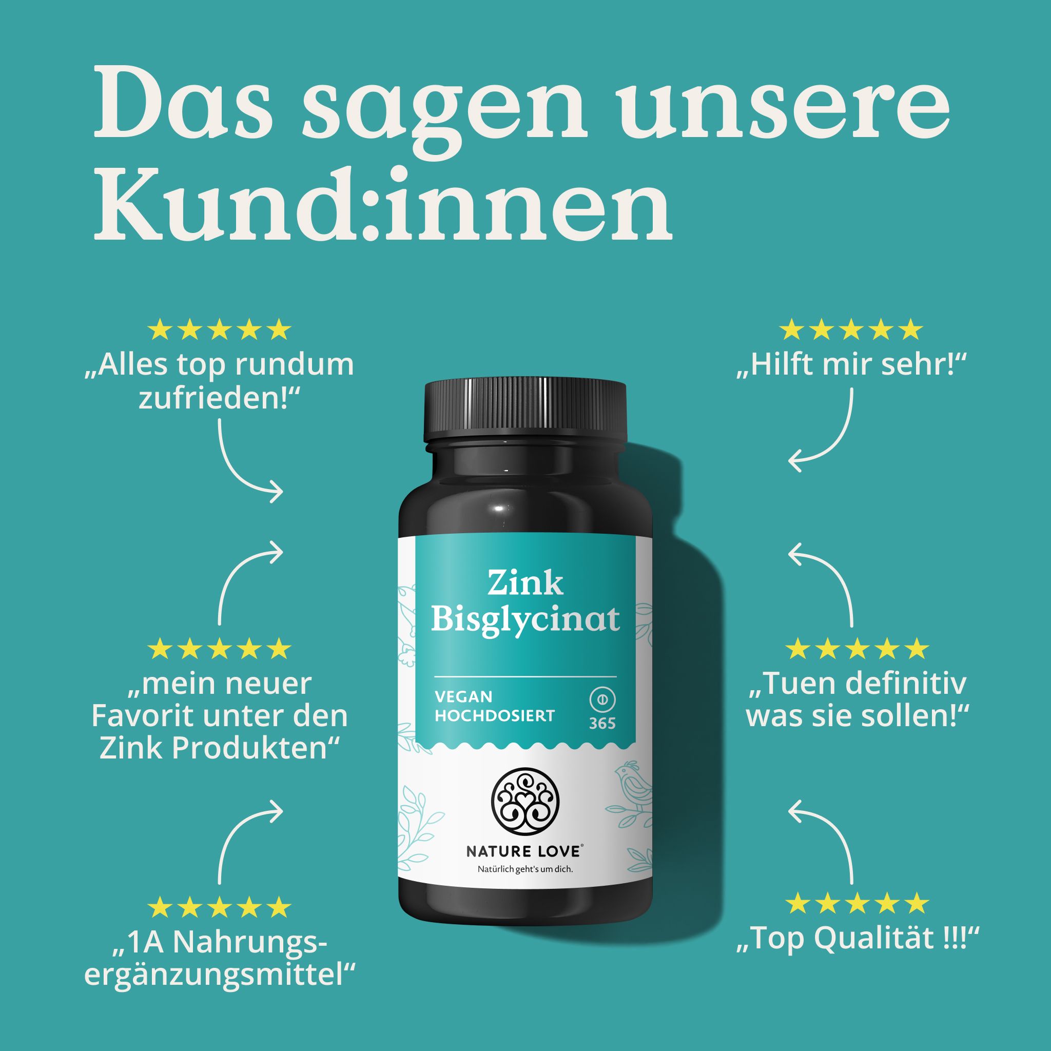 Flasche NATURE LOVE Zink Bisglycinat, hochdosiert, vegan. Kundenbewertungen mit Sternen.