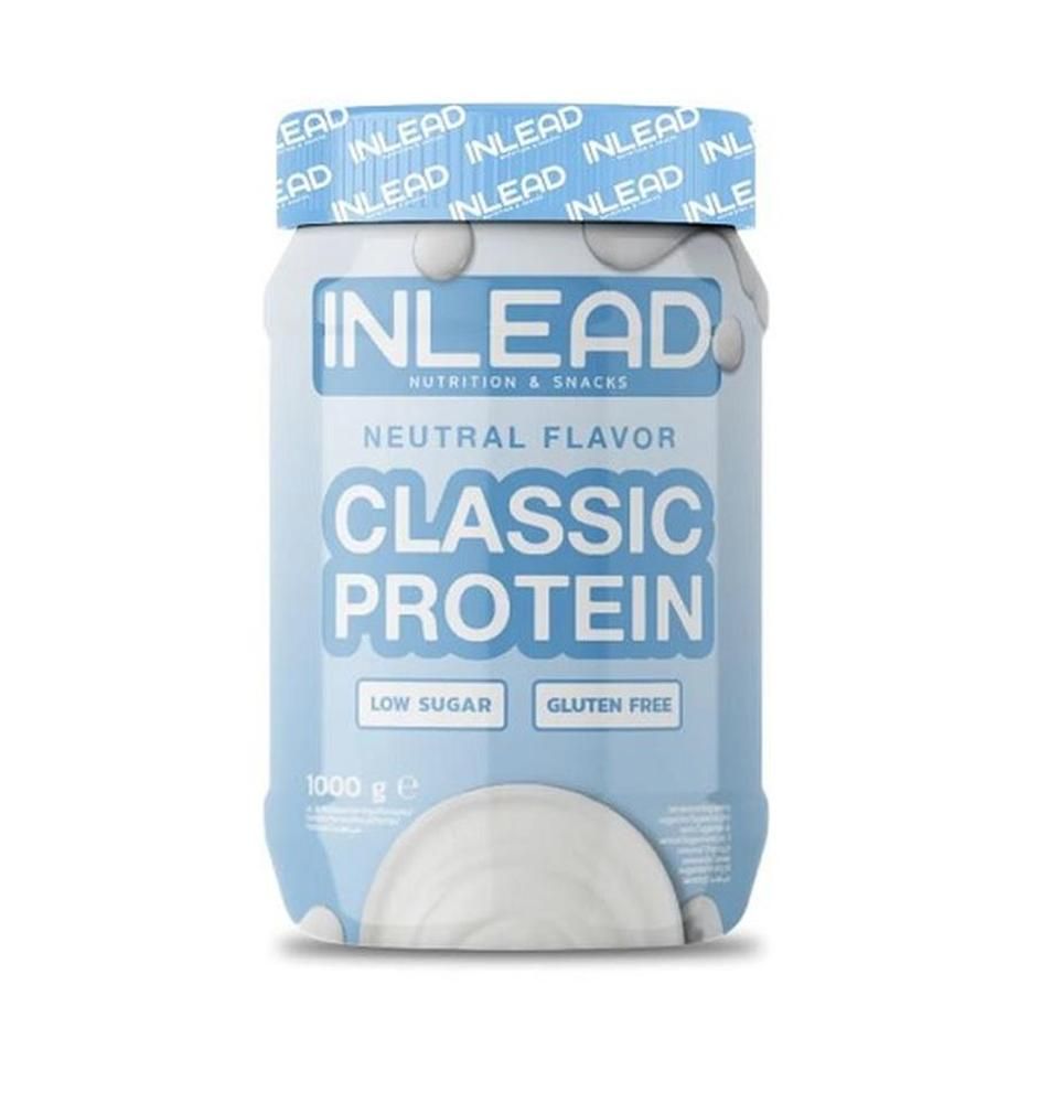 Blau-weißer Behälter mit INLEAD Classic Protein-Aufdruck. Enthält 1000 g. Aufschrift: Neutral Flavor, Low Sugar, Gluten Free.