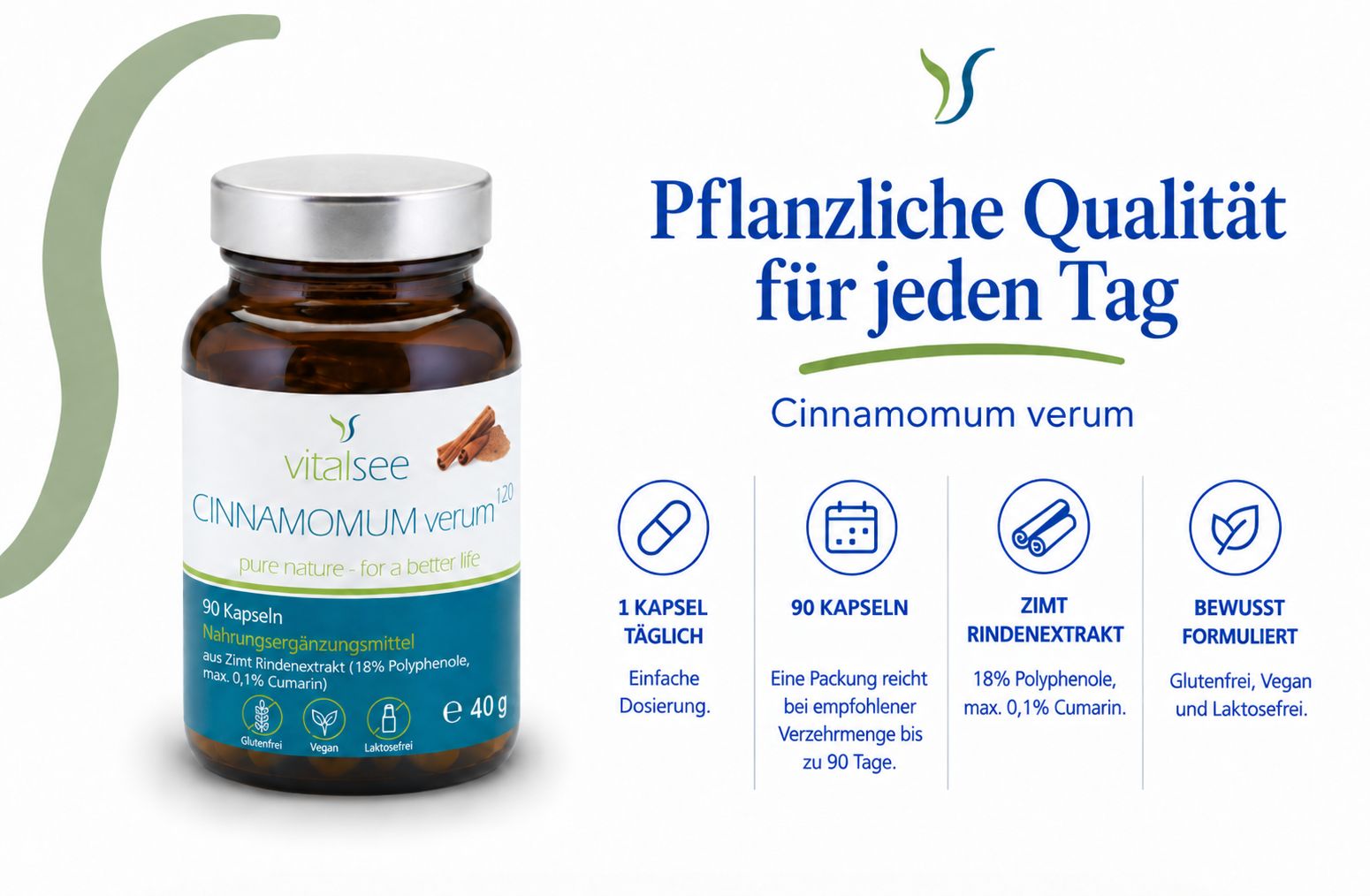 Braune Glasflasche mit silbernem Deckel, Etikett mit 'CINNAMOMUM verum', Icons und Text.