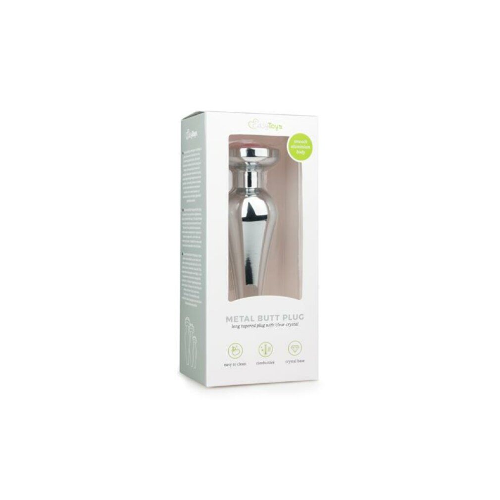 Verpackung mit Analplug. Weißer Karton mit Produktabbildung und Text: METAL BUTT PLUG.
