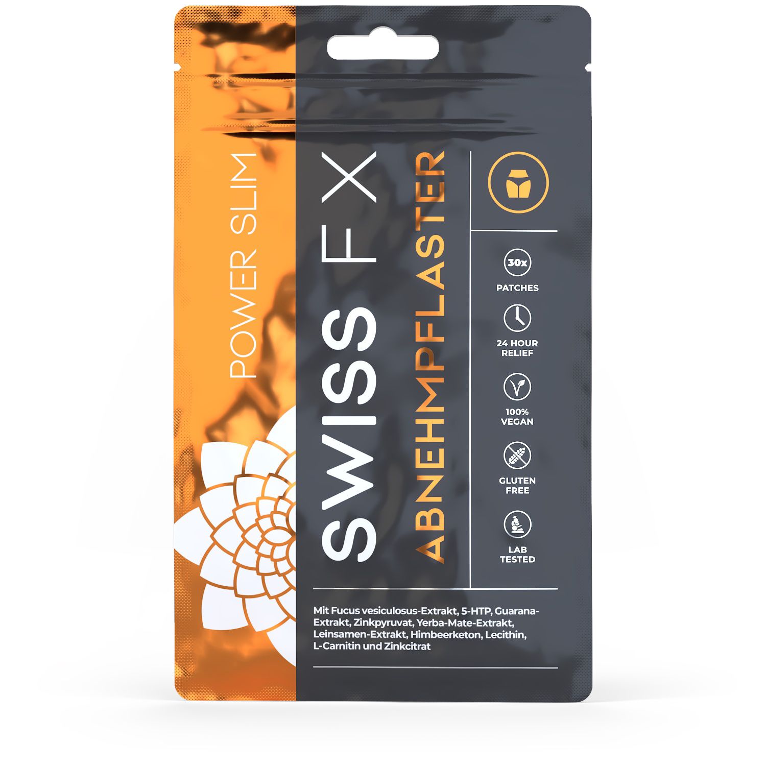 Verpackung von SWISS FX Abnehm Pflaster mit 30 Patches, 24h Linderung, 100% vegan, glutenfrei.