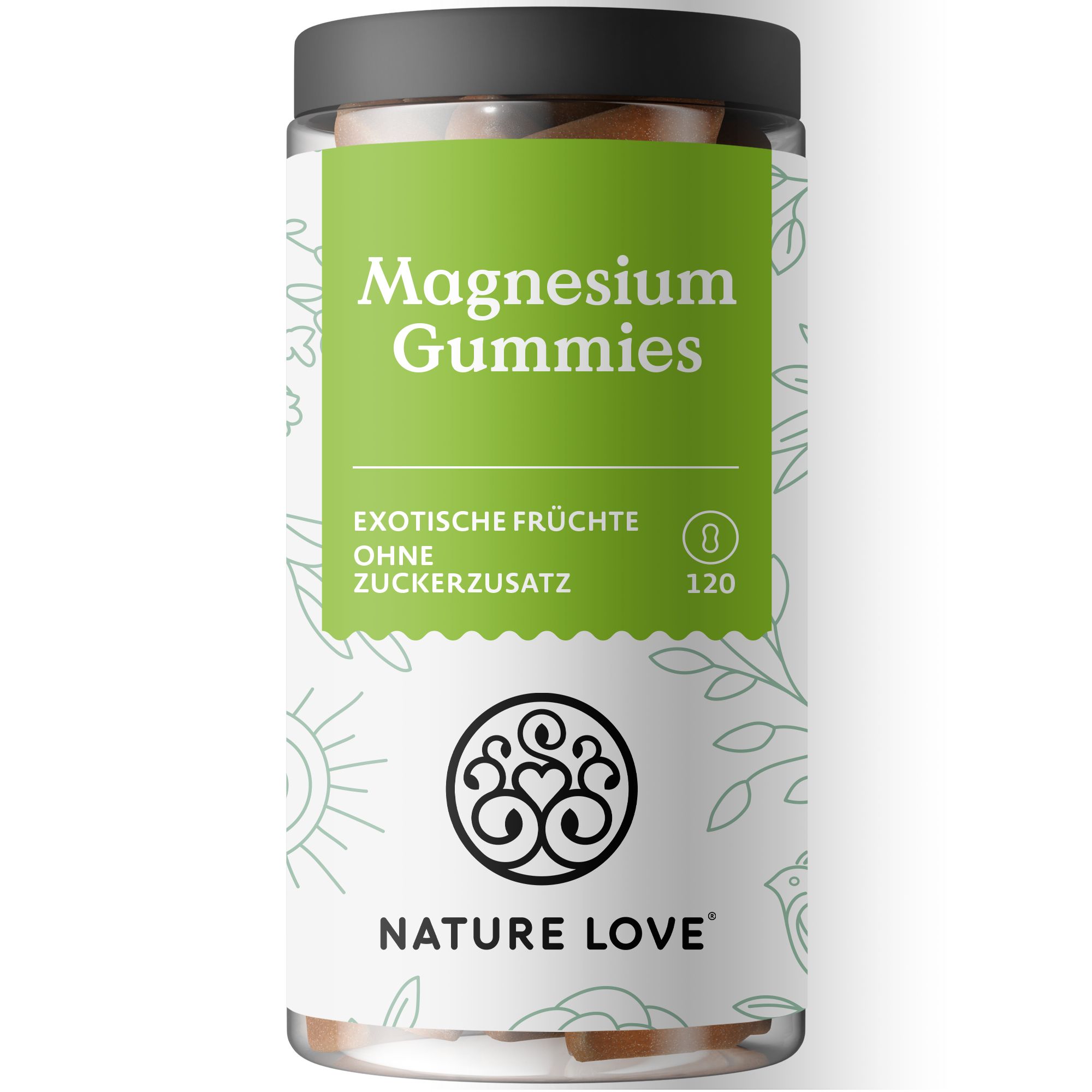 Zylindrische Dose mit grünem Etikett. Aufschrift: Magnesium Gummies, exotische Früchte, ohne Zuckerzusatz. Logo: NATURE LOVE®.