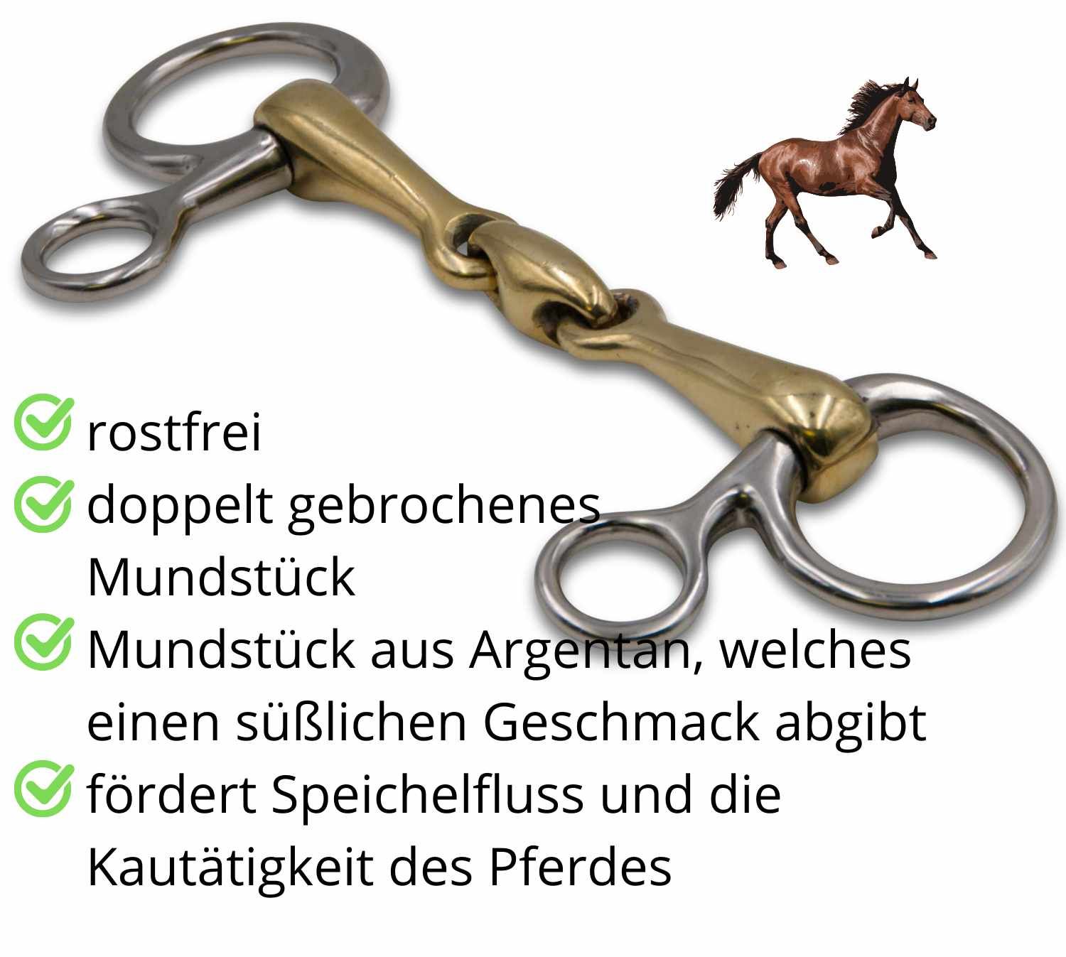 Bauchergebiss mit Text: rostfrei, doppelt gebrochenes Mundstück, Mundstück aus Argentan, fördert Speichelfluss.