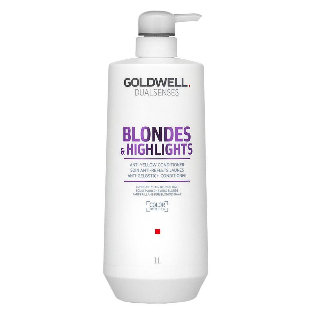 Weiße Flasche mit Pumpe. Aufschrift: Goldwell Dual Senses Blondes & Highlights Anti-Gelbstich Conditioner. 1L.