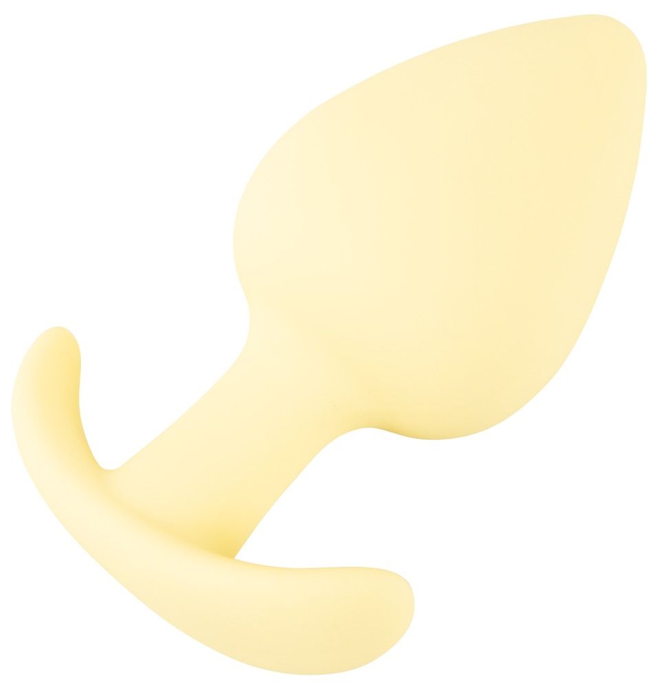 Gelber Analplug, tropfenförmiger Kopf, gebogene Basis. Perspektivische Ansicht.