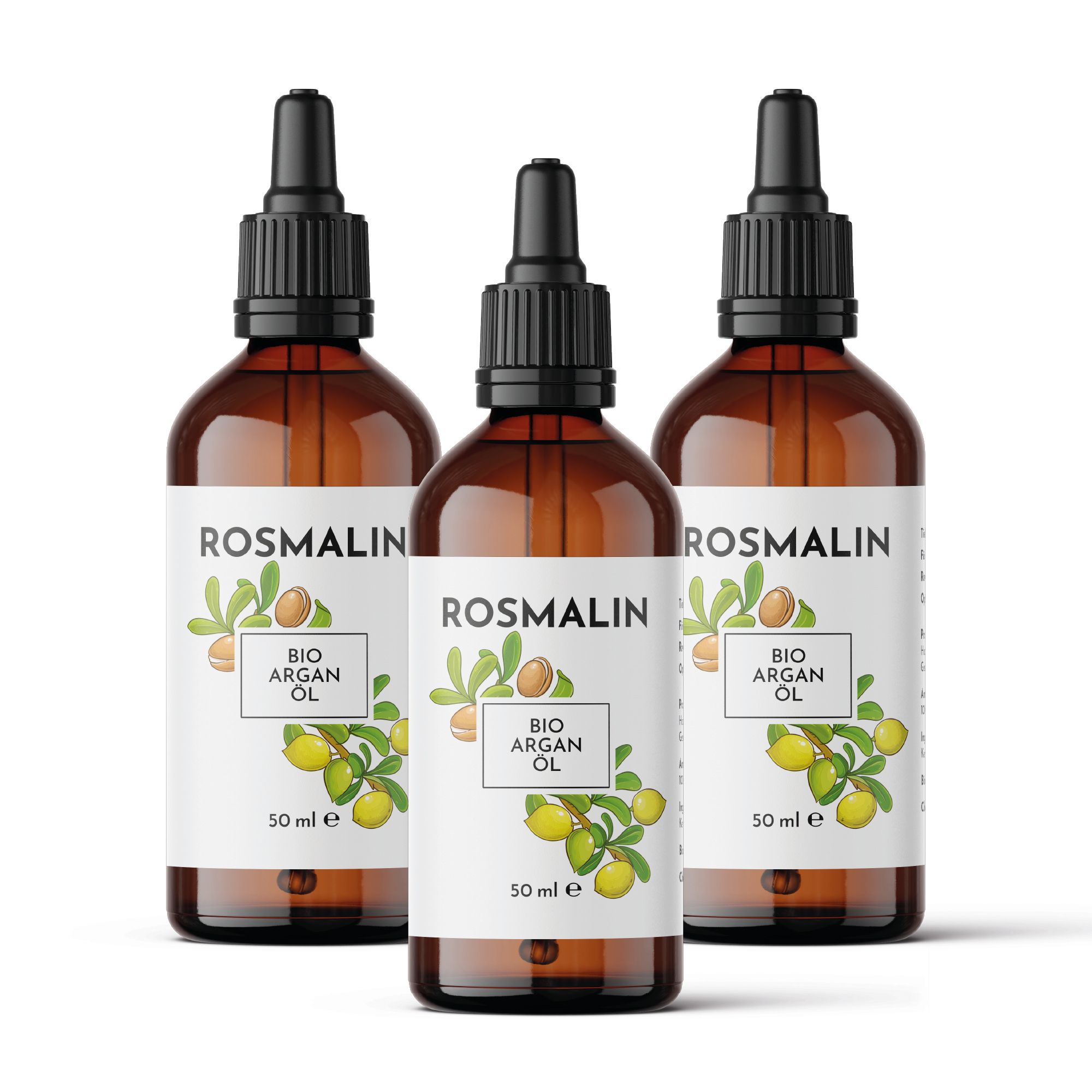Drei Flaschen Rosmalin Bio Arganöl mit Tropfern. 50 ml. Aufschrift: Bio Argan Öl.