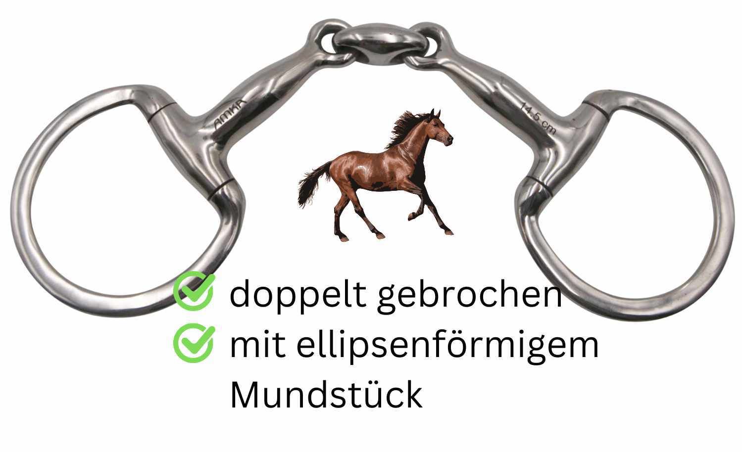 Doppelt gebrochene Trense mit elliptischem Mundstück. Text: doppelt gebrochen, mit elliptischem Mundstück.