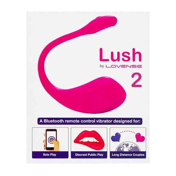 Verpackung von "Lush 2" mit rosa Ei-Vibrator-Illustration. Text: Bluetooth-Fernbedienung.