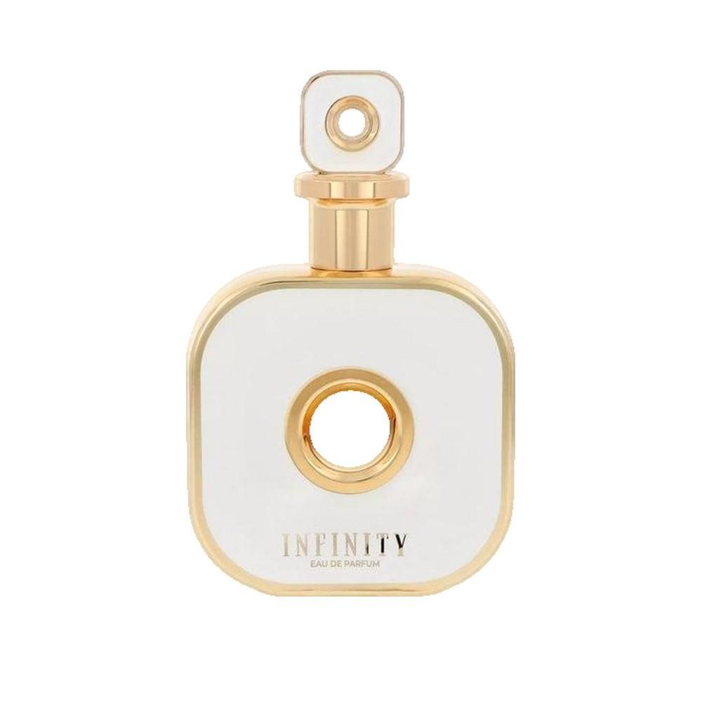 Weißer, quadratischer Parfümflakon mit goldenen Akzenten und einem Loch in der Mitte. Goldener Verschluss.