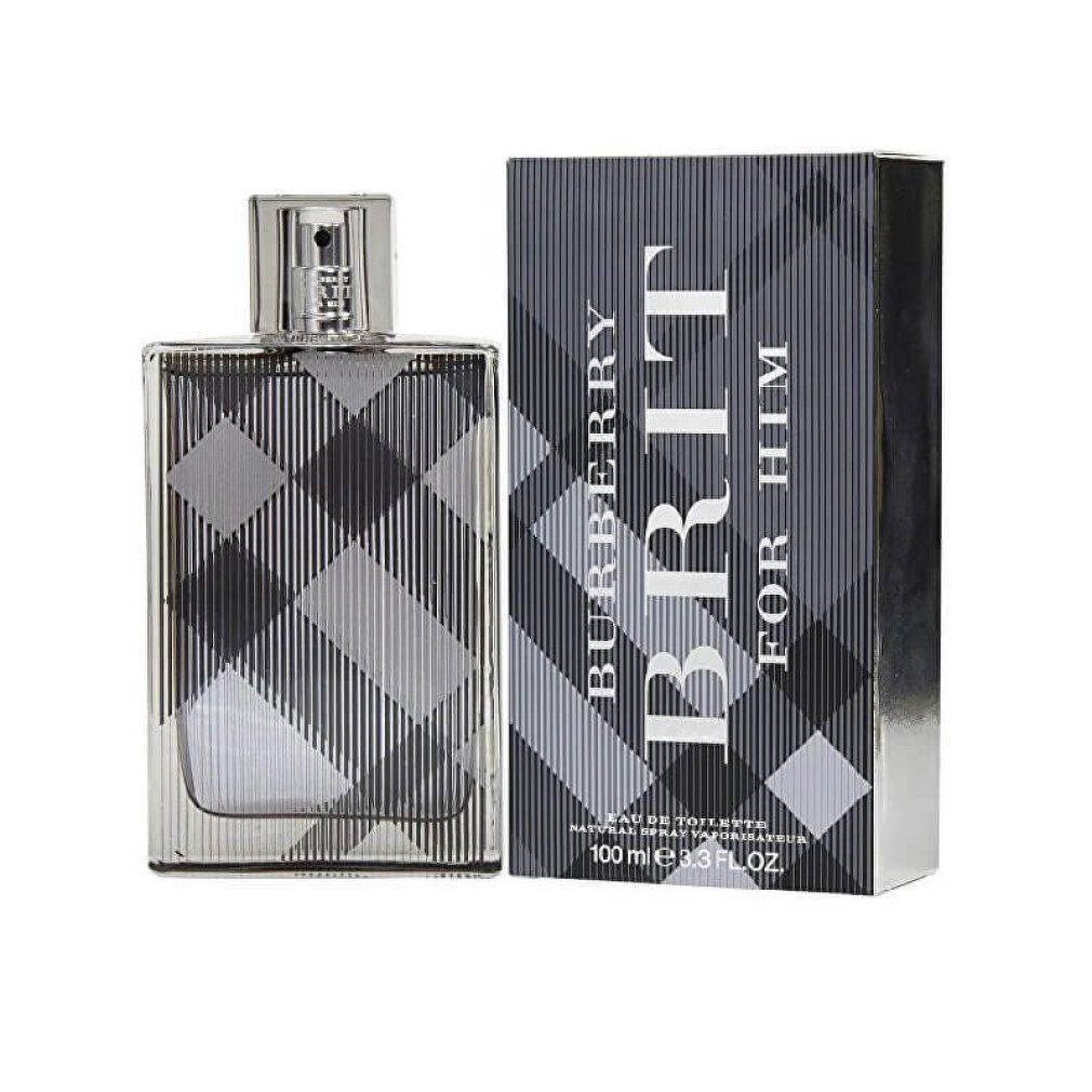 Burberry Brit Flakon und Verpackung. Schwarzes Karomuster. Text: Burberry Brit For Him. 100 ml.