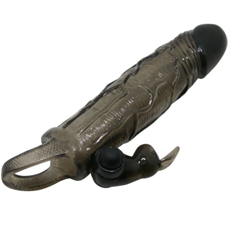 Penishülle mit Rabbit-Vibrator, transparent-schwarz. Mit Vibrationsfunktion und Ring. Schräge Ansicht.