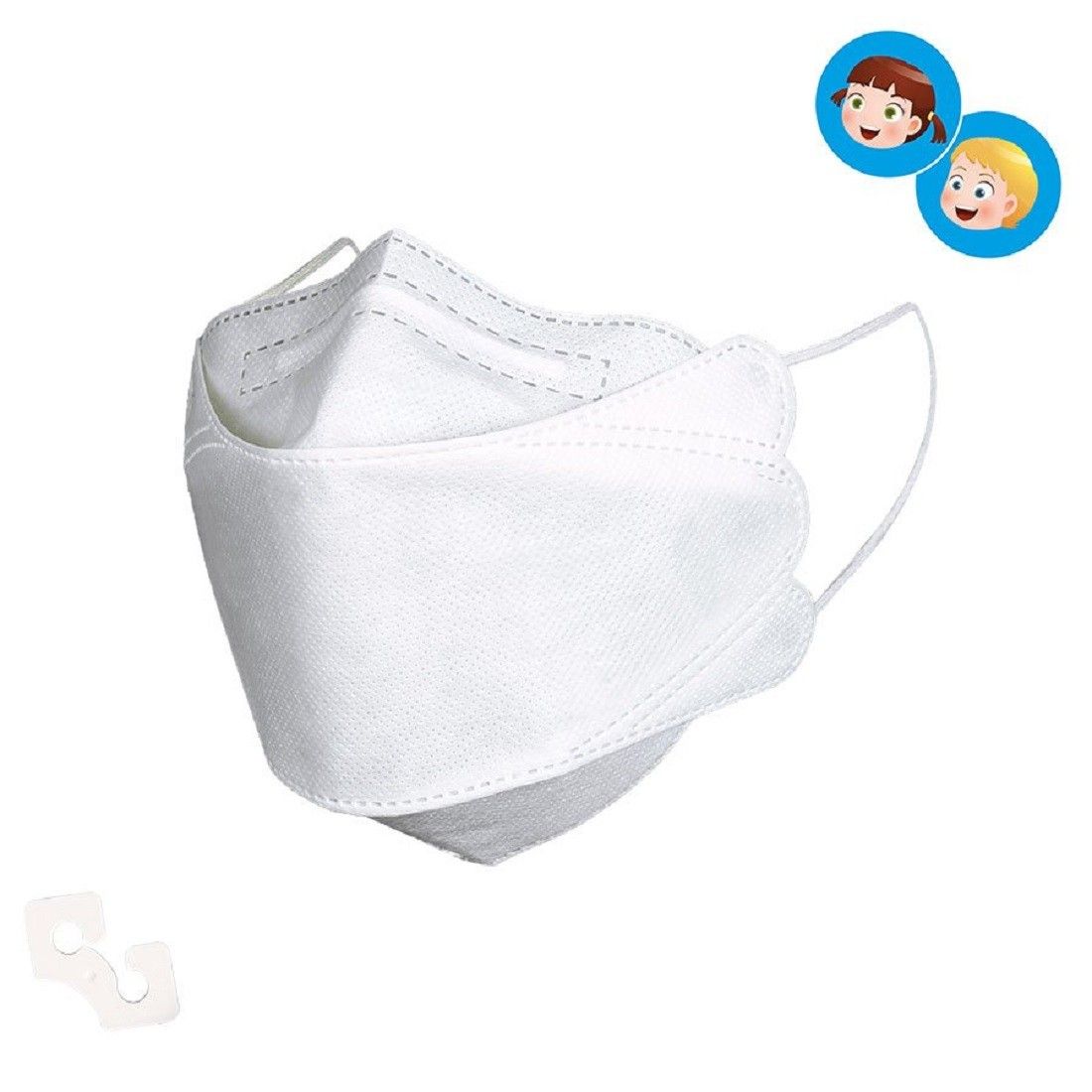 Weiße Kindermaske mit Ohrschlaufen. Abgebildet sind zwei Kindergesichter. Ein Nasenbügel ist ebenfalls zu sehen.