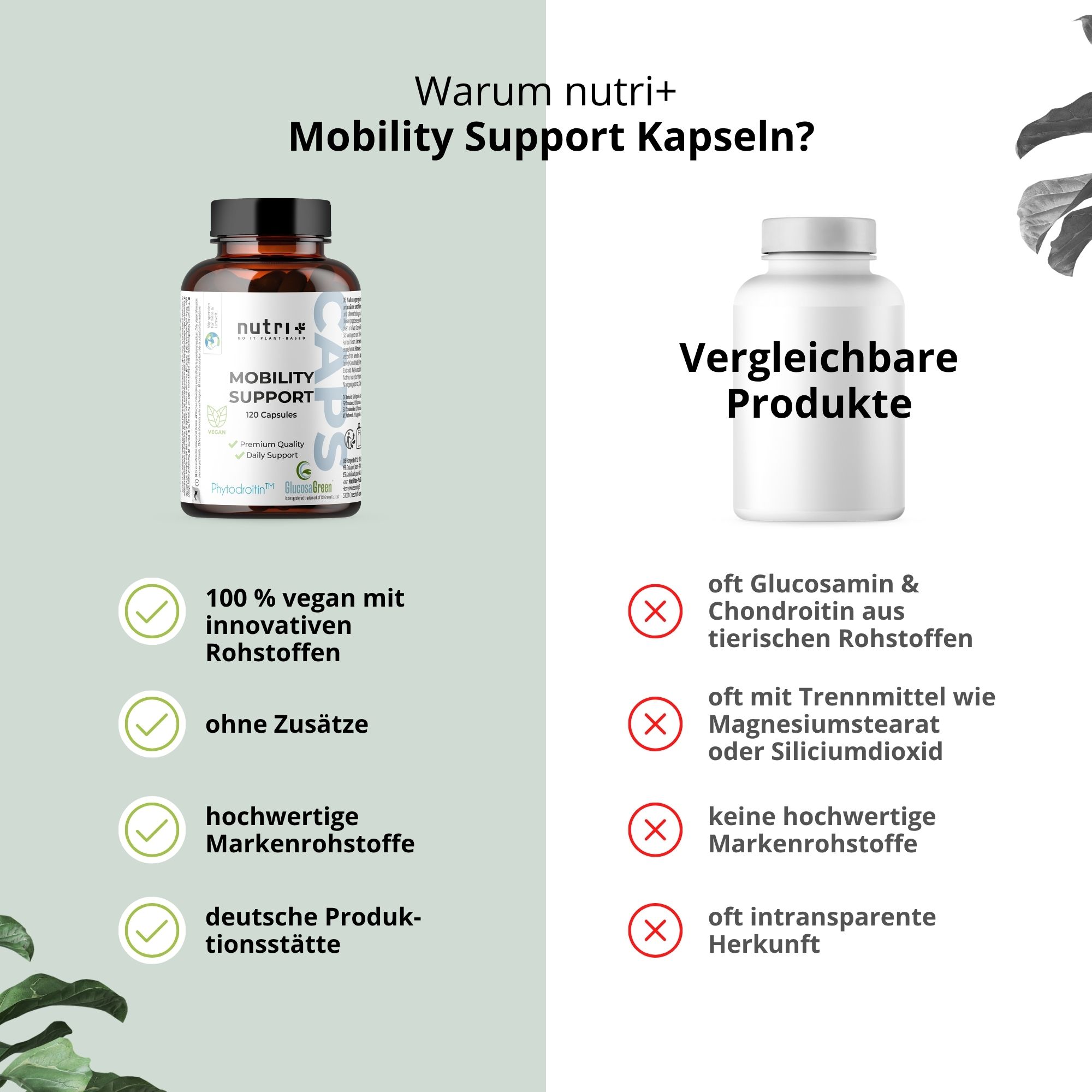 Vergleich von nutri+ Mobility Support Kapseln mit einem vergleichbaren Produkt. Vorteile: vegan, ohne Zusätze, hochwertige Rohstoffe, deutsche Produktionsstätte.