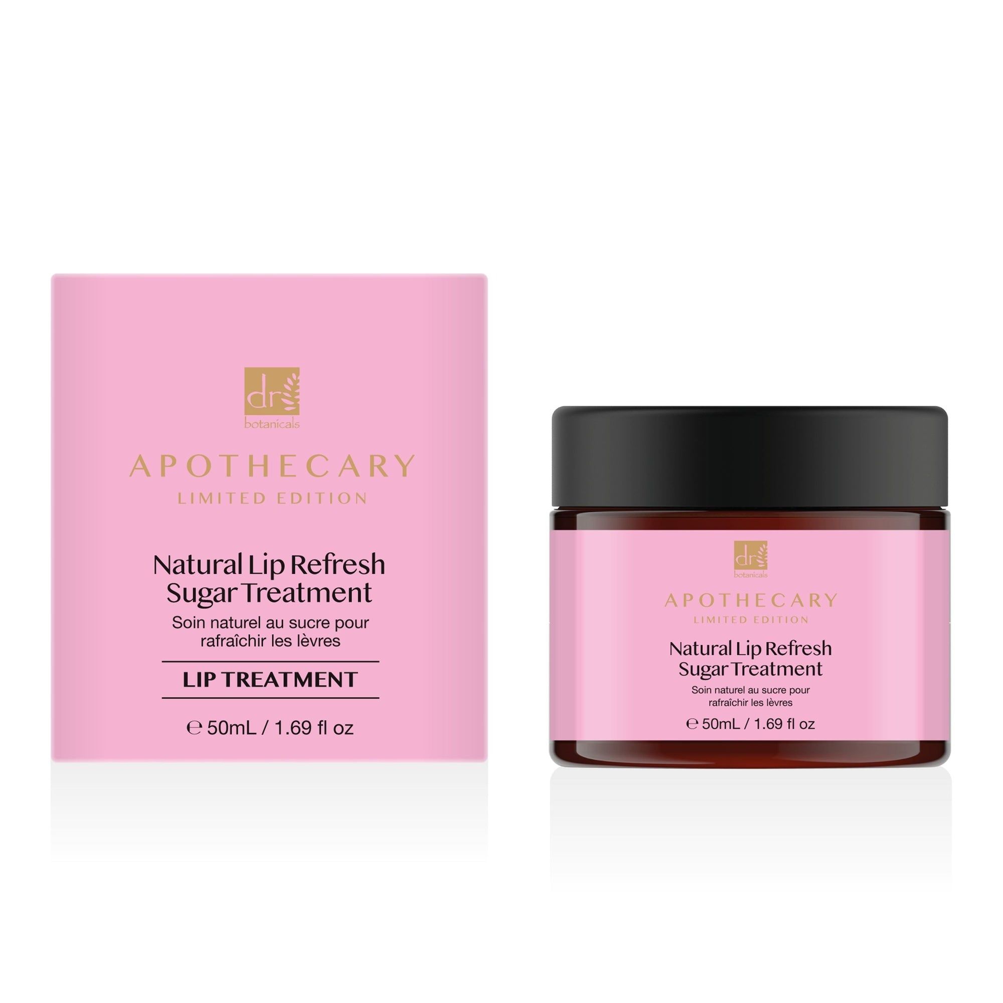 Rosa Schachtel und Glas mit schwarzem Deckel. Aufschrift: Natural Lip Refresh Sugar Treatment. Apothecary Limited Edition.