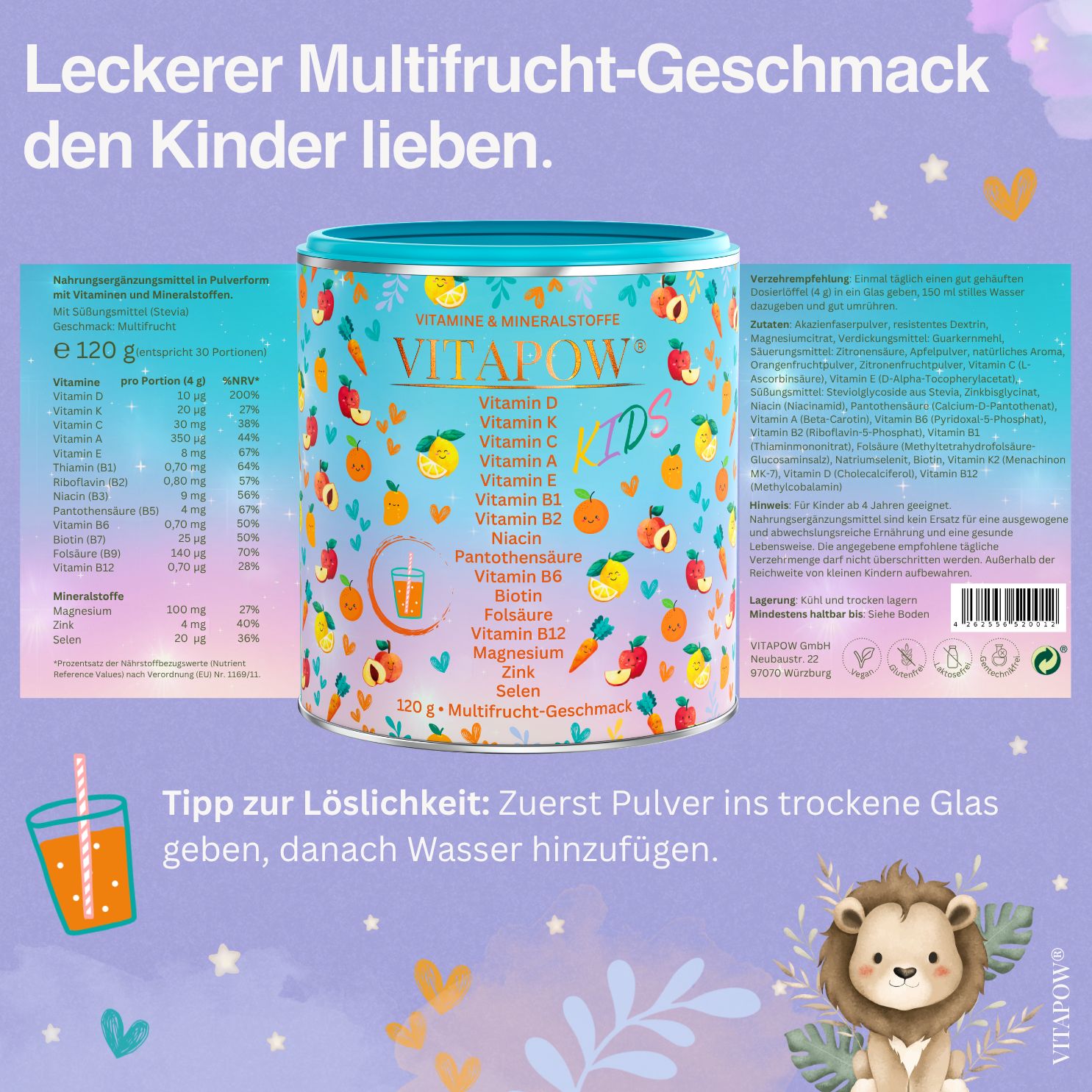 Produktverpackung mit Text: Leckerer Multifrucht-Geschmack den Kinder lieben. Mit Nährwertangaben und Zubereitungshinweis. Illustration mit Getränk.