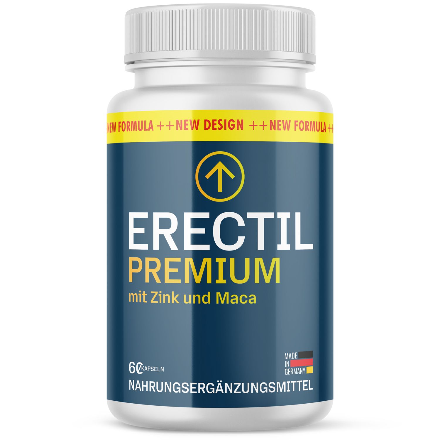 Weiße Flasche mit blauer Etikett. Aufschrift: ERECTIL PREMIUM mit Zink und Maca. 60 Kapseln. Nahrungsergänzungsmittel. Made in Germany.