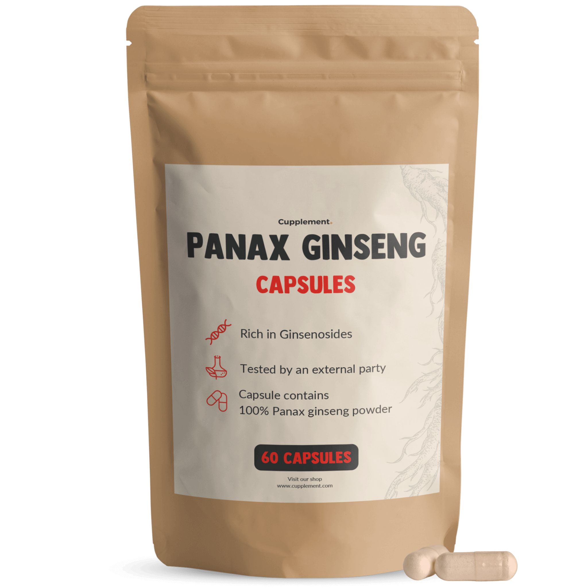 Beutel mit Kapseln. Aufschrift: PANAX GINSENG CAPSULES. 60 Kapseln. Enthält Ginsenoside. Von externer Stelle getestet.