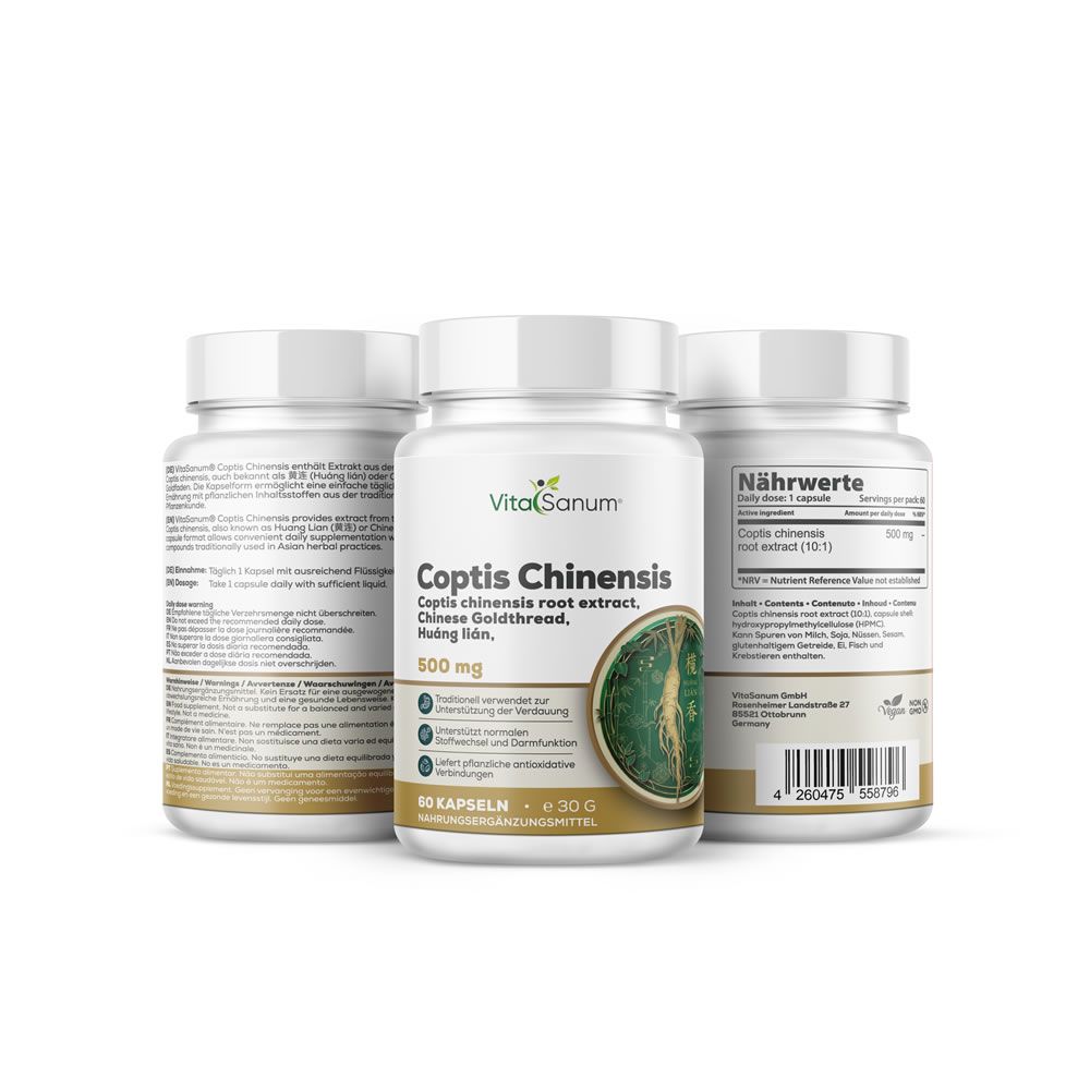 Drei weiße Flaschen mit Kapseln. Aufschrift: VitaSanum, Coptis Chinensis, 500 mg, 60 Kapseln.