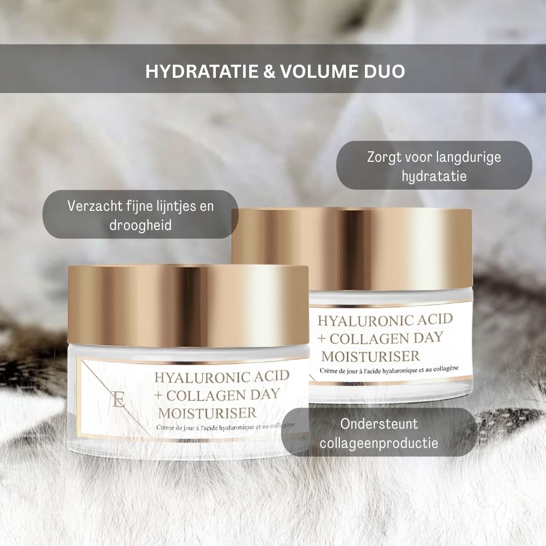 Zwei Gläser Hyaluron + Kollagen Tagescreme. Beschriftung: Hydratatie & Volume Duo.